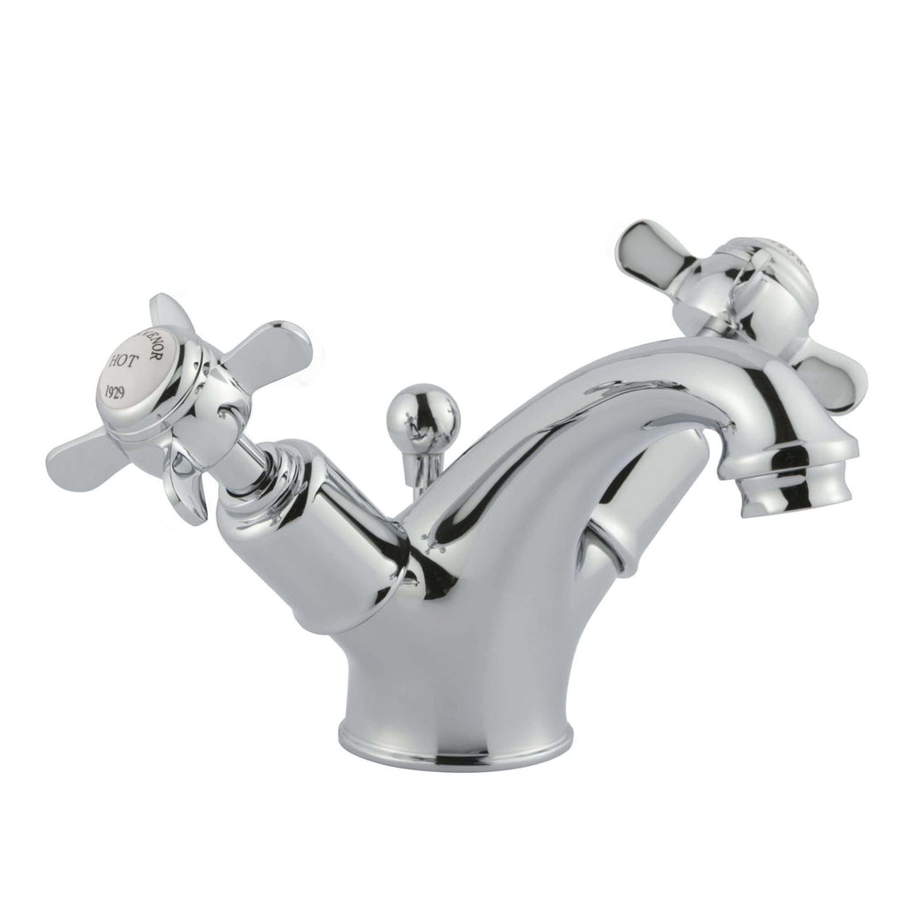 Polished chrome bathroom mixer tap with dual handles for hot and cold water, designed for elegant bathroom fixtures and easy water flow control.