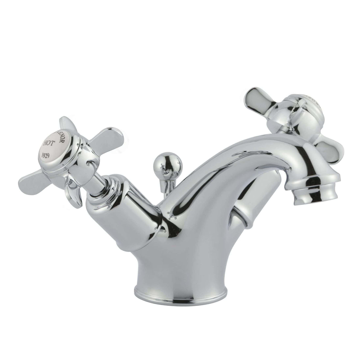 Polished chrome bathroom mixer tap with dual handles for hot and cold water, designed for elegant bathroom fixtures and easy water flow control.