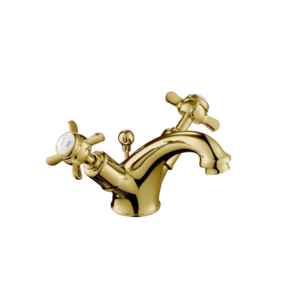 Shiny gold bathroom sink tap with dual handles, vintage design, perfect for traditional bathroom decor, high-quality brass finish, stylish and elegant fixtures.