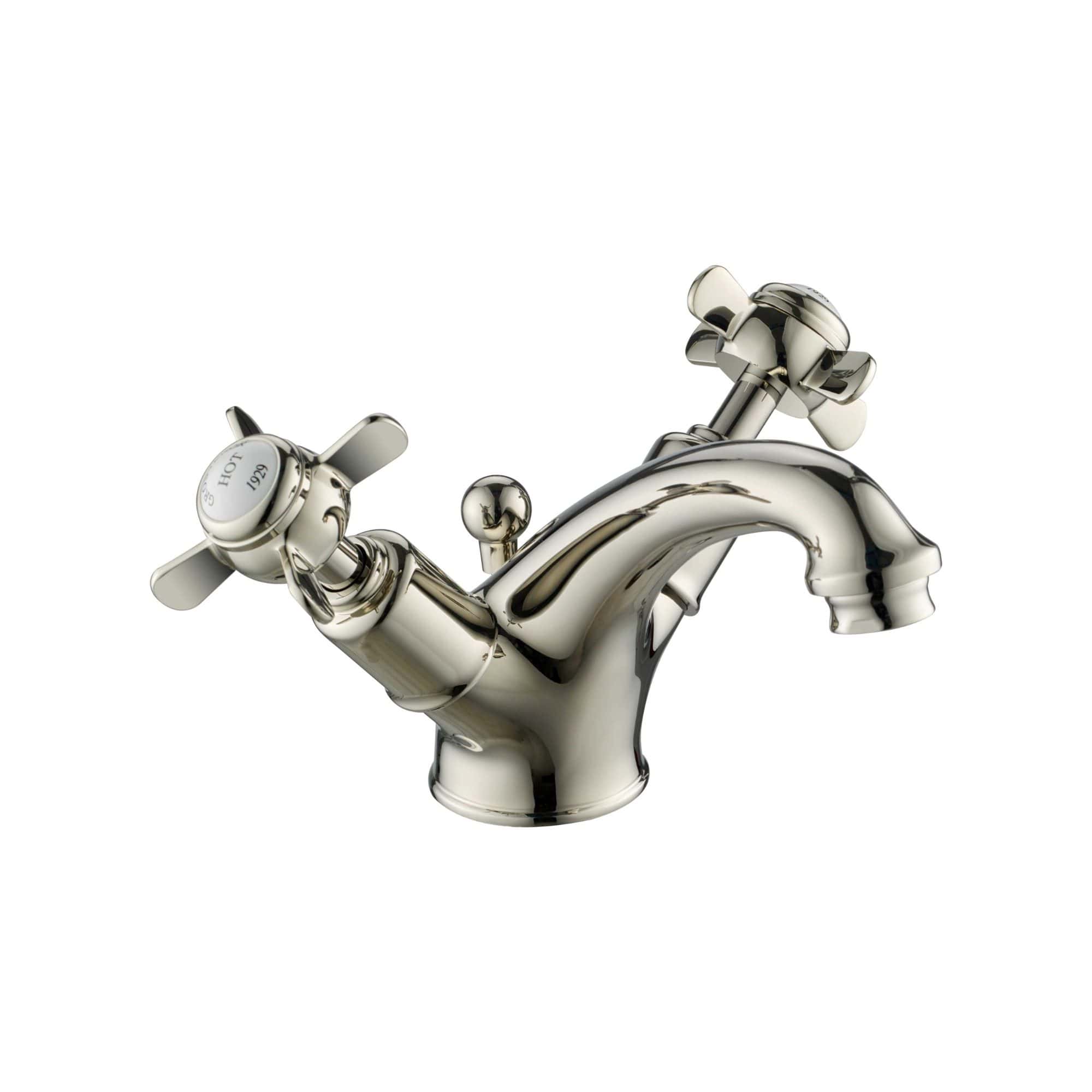 Polished chrome vintage style bathroom sink tap with dual cross handles and hot water indicator, perfect for classic bathroom designs.