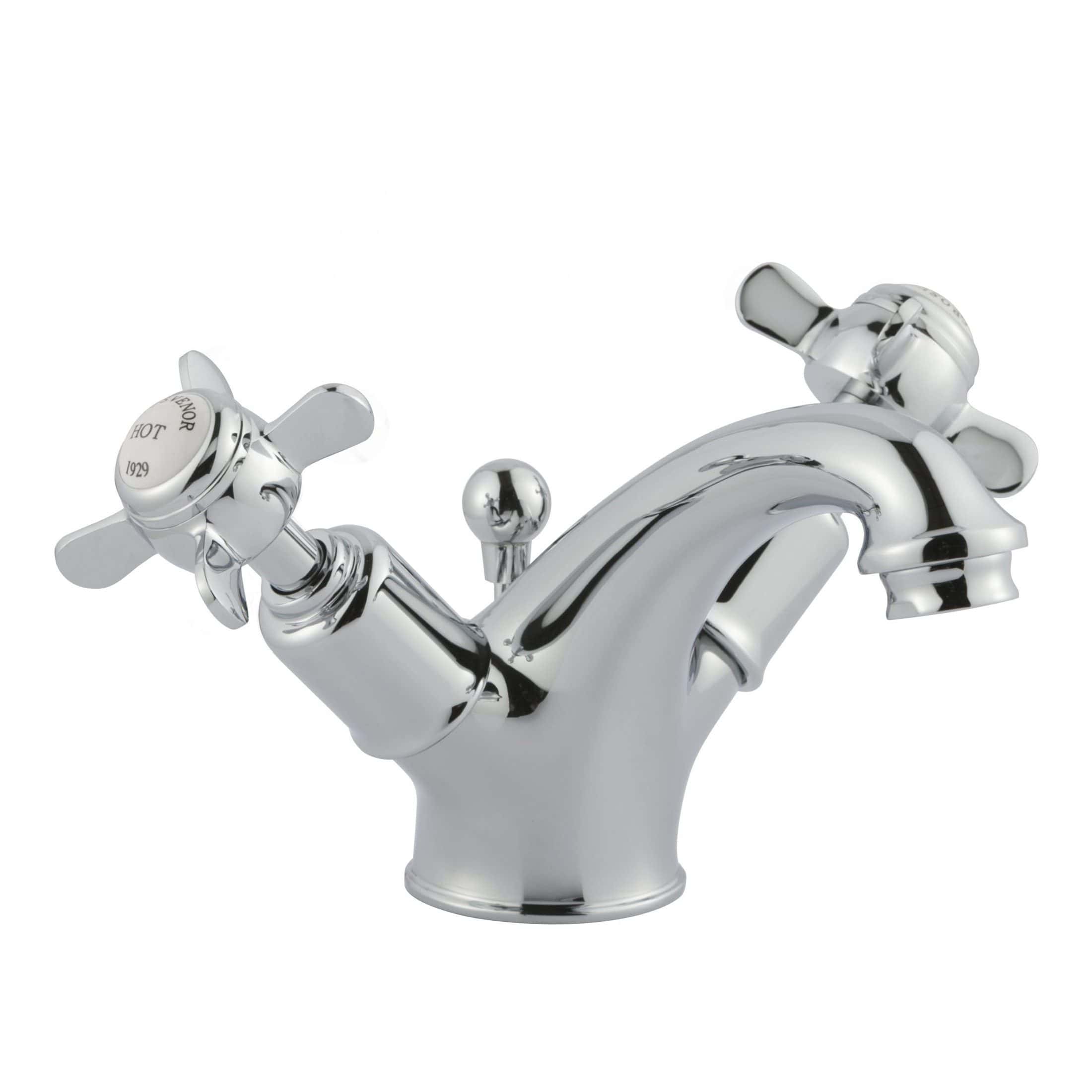Polished chrome bathroom mixer tap with dual handles for hot and cold water, designed for elegant bathroom fixtures and easy water flow control.