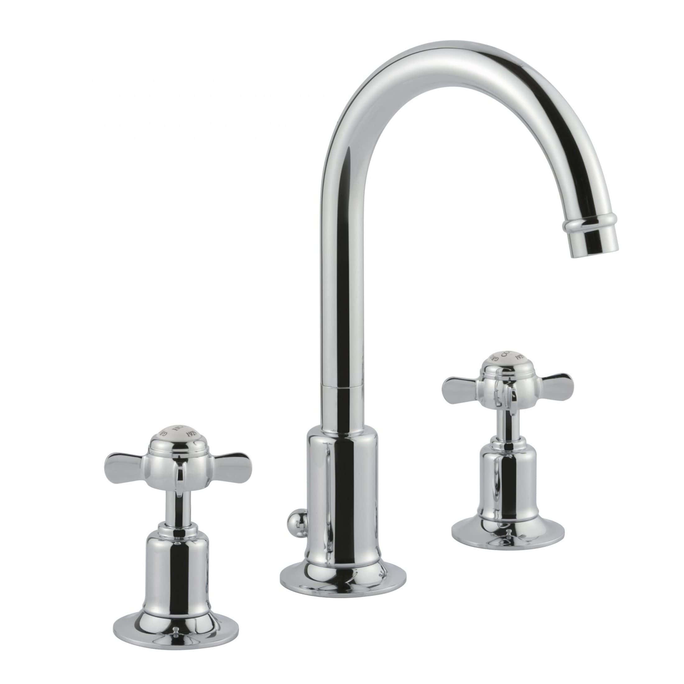 Shiny chrome bathroom mixer tap with dual handles for hot and cold water.