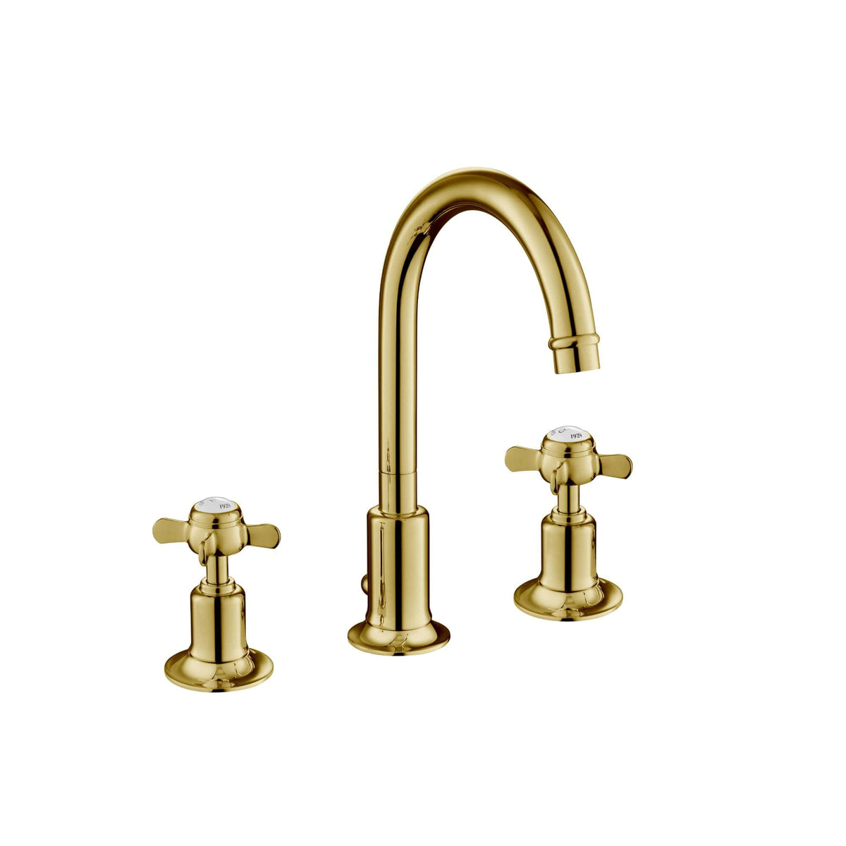 Polished gold bathroom tap with dual handles, modern design, high-quality finish, perfect for luxury bathrooms, featuring classic style with contemporary elegance.