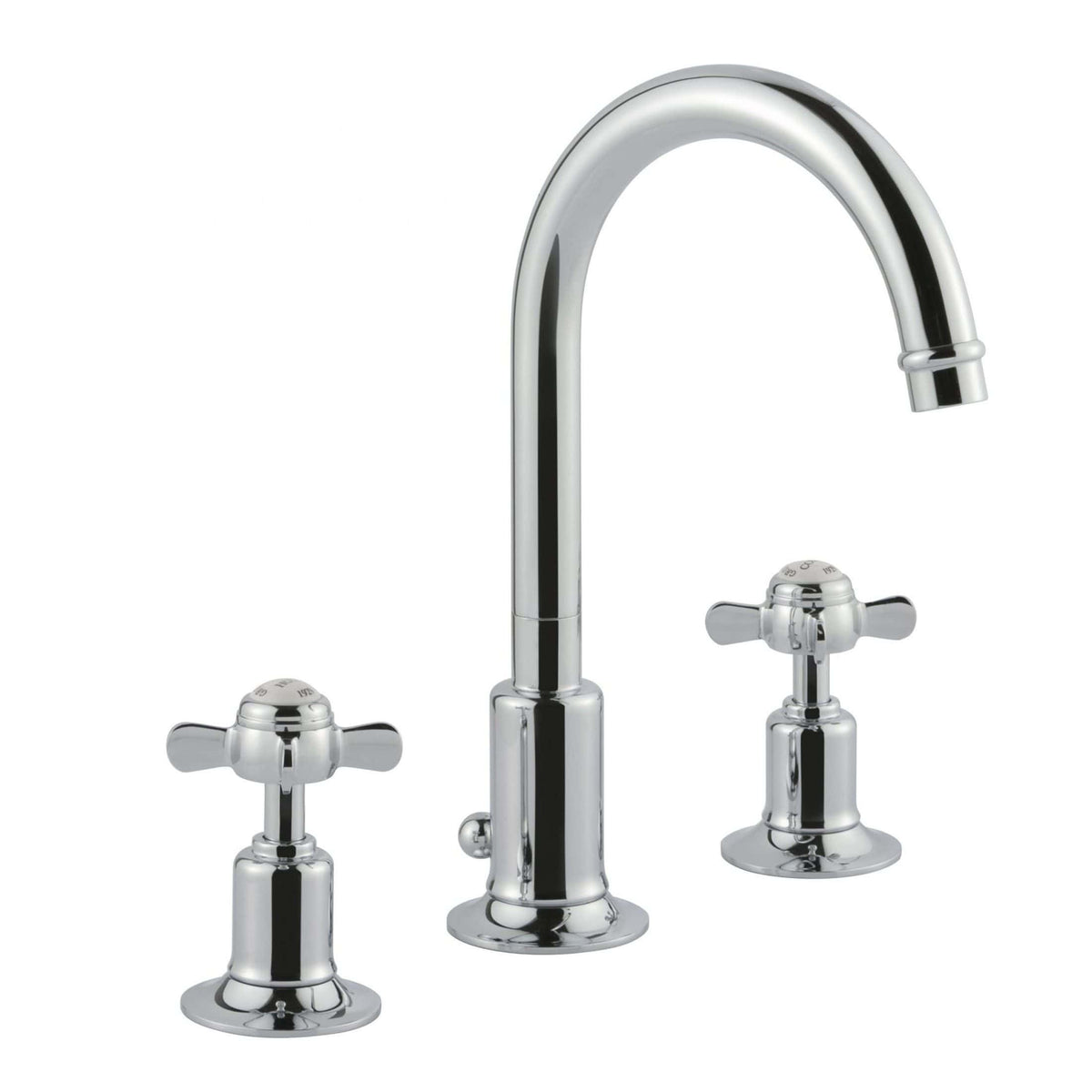 Shiny chrome bathroom mixer tap with dual handles for hot and cold water.
