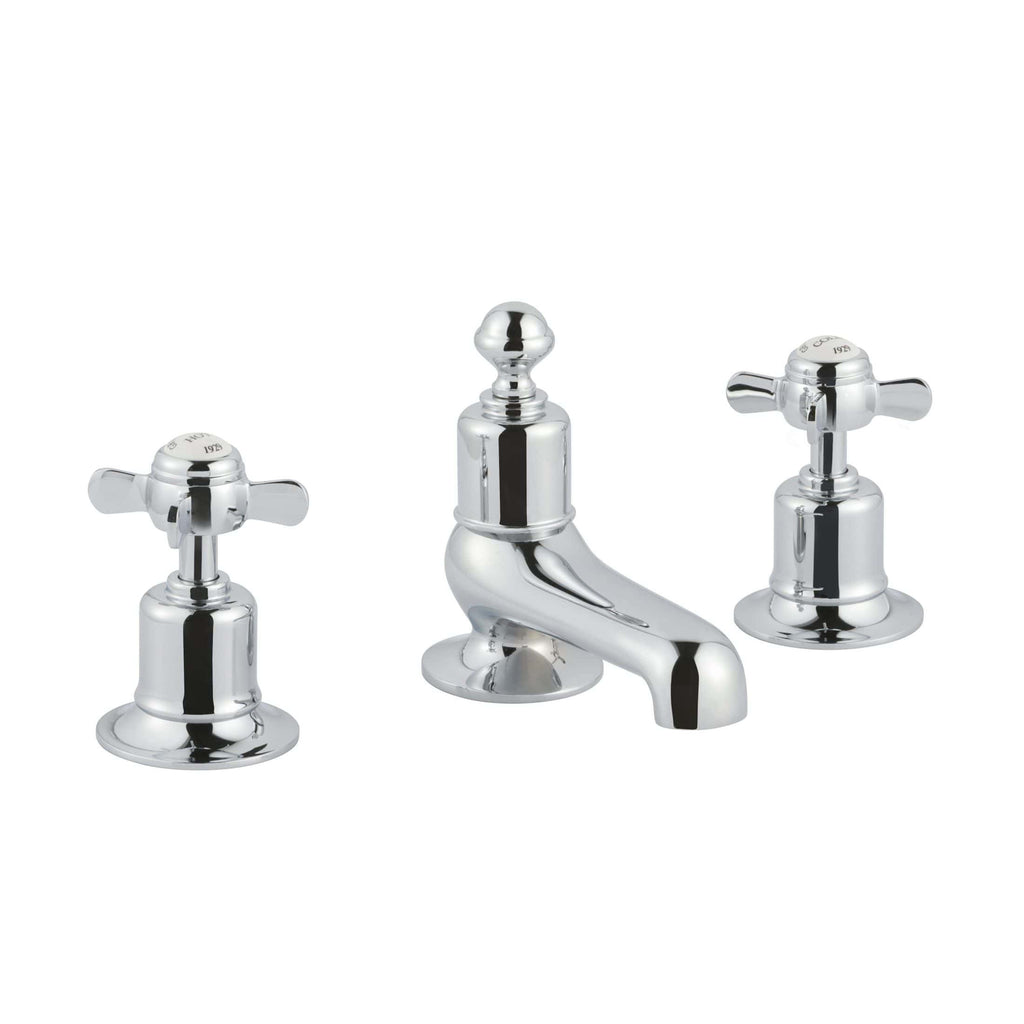 Polished chrome bathroom tap and two cross-handled taps for sink or basin, elegant and durable bathroom plumbing fixtures, perfect for classic and traditional bathroom designs.