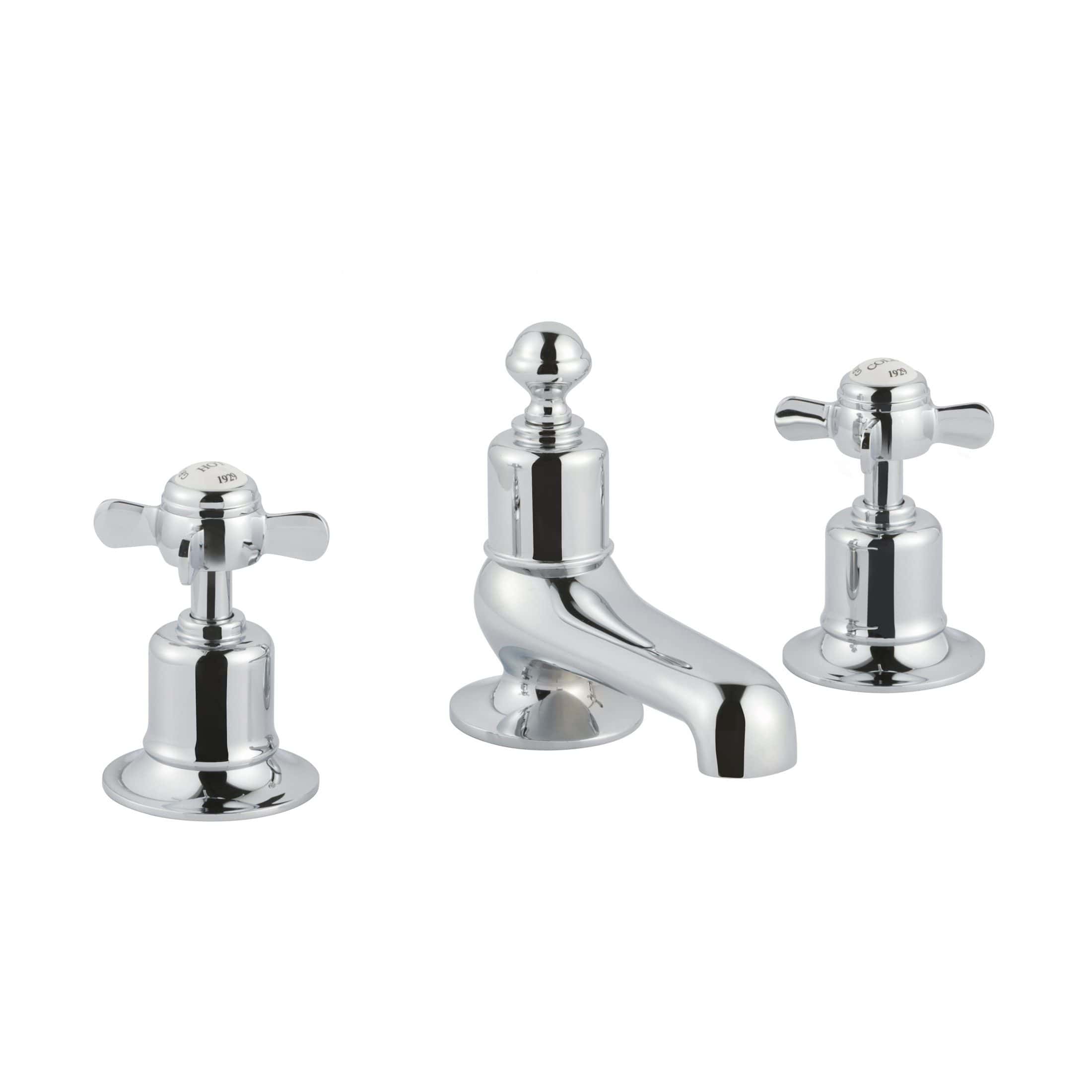 Polished chrome bathroom tap and two cross-handled taps for sink or basin, elegant and durable bathroom plumbing fixtures, perfect for classic and traditional bathroom designs.