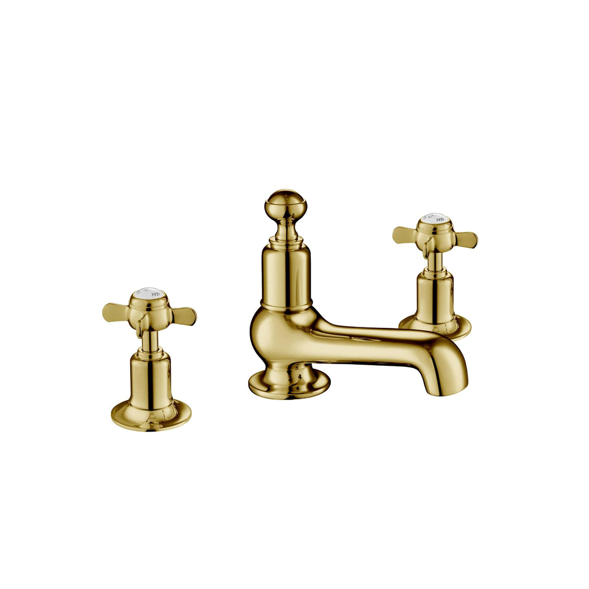 Polished brass traditional bathroom tap with separate handles for hot and cold water, vintage style mixer faucet, suitable for period bathroom design.