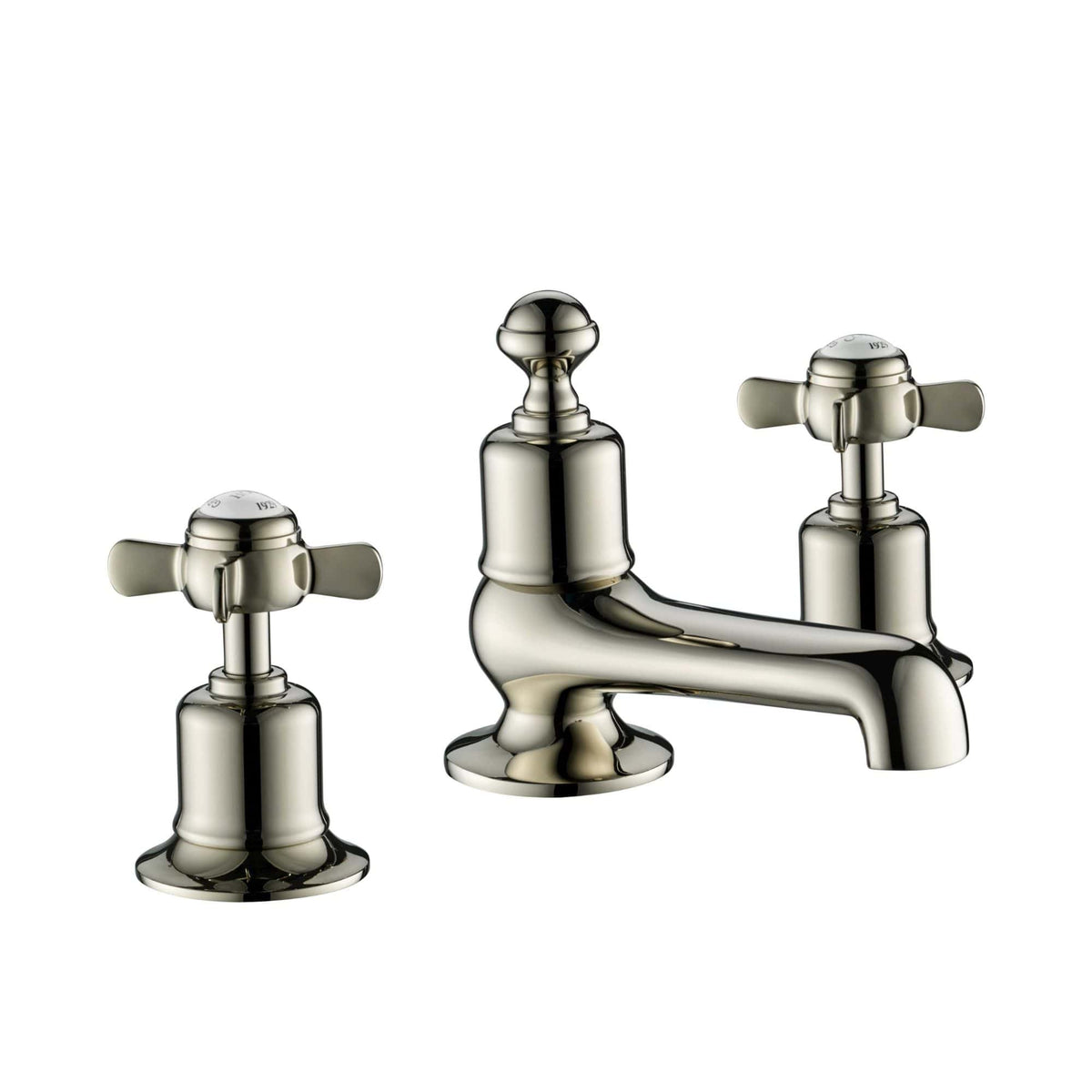 Polished chrome bathroom tap with dual handles and vintage design, ideal for traditional or classic bathroom fixtures.