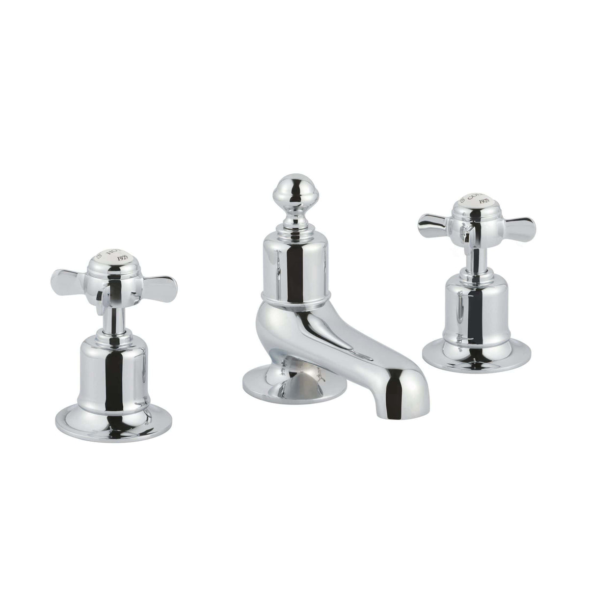 Polished chrome bathroom tap and two cross-handled taps for sink or basin, elegant and durable bathroom plumbing fixtures, perfect for classic and traditional bathroom designs.