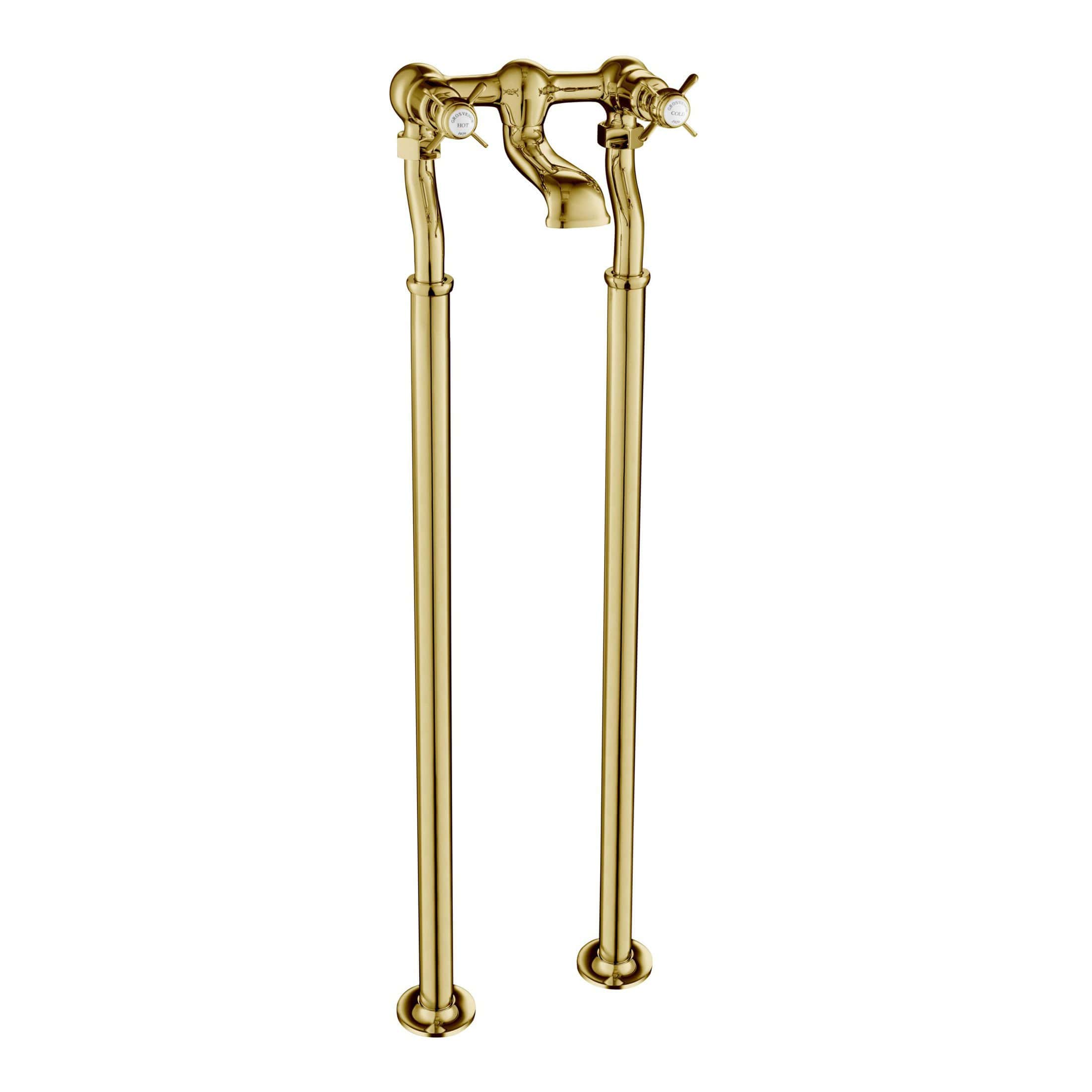 Polished brass bathroom tap with dual handles for hot and cold water, modern vintage style, suitable for classic or contemporary bathrooms, premium quality fixtures.