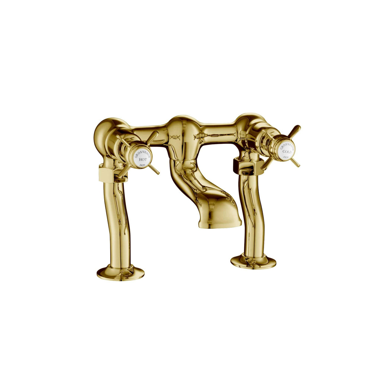 Luxurious gold bathroom tap with dual handles for hot and cold water, elegant design, perfect for upscale bathroom decor, high quality brass finish by Bubly Bathrooms.