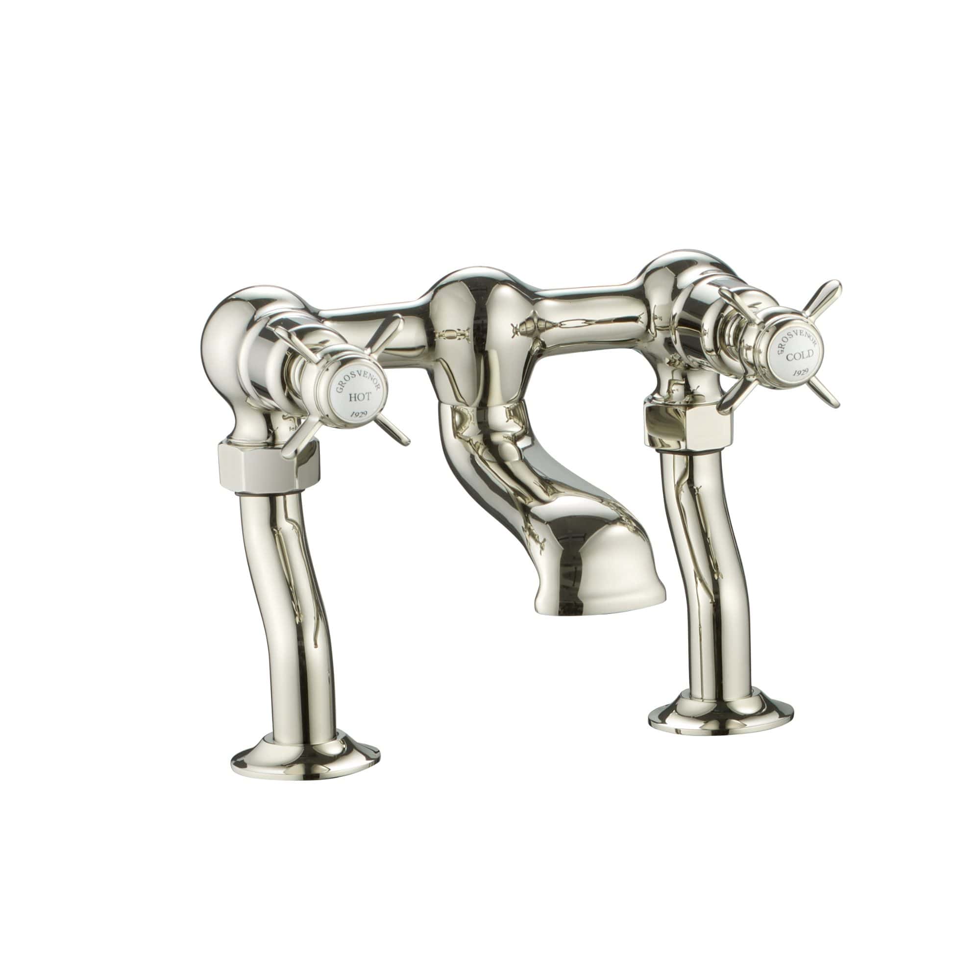 Polished chrome vintage-style bathroom tap with dual handles for hot and cold water, suitable for classic bathroom decor. High-quality, durable, and designed for elegant traditional bathrooms.