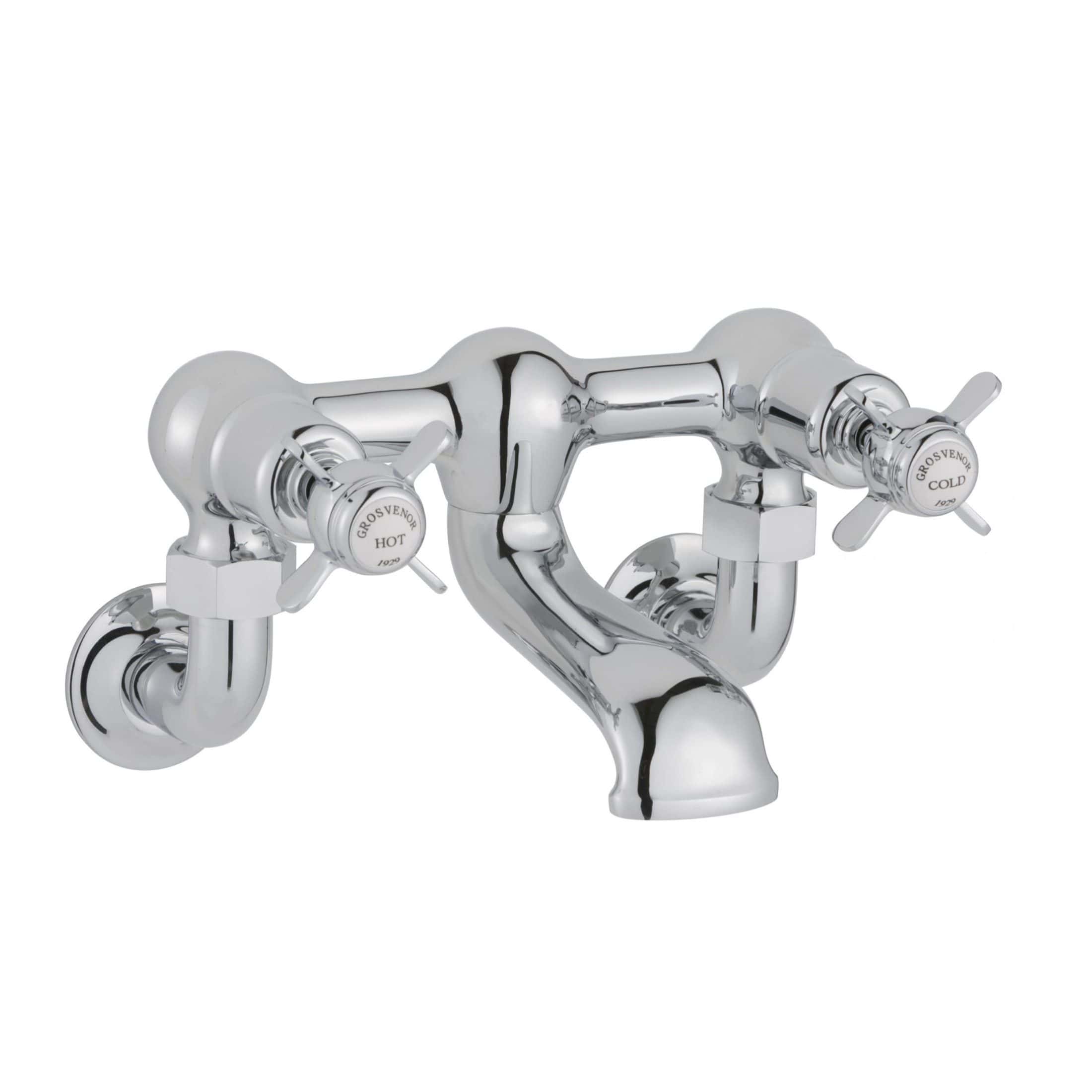 Chrome vintage wall-mounted bathroom mixer tap with dual lever handles for hot and cold water, ideal for classic bathroom decor. Perfect for traditional style basins or sinks.