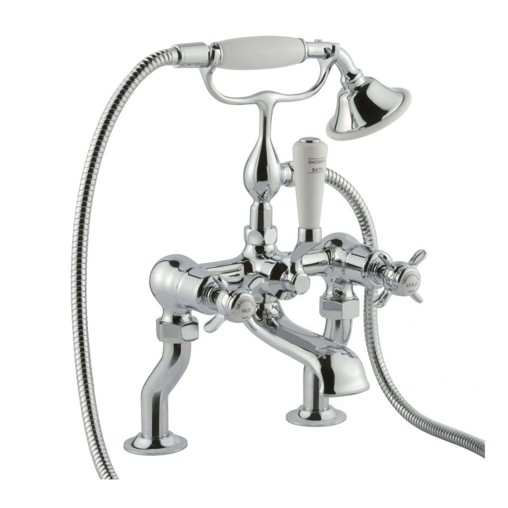 Polished chrome vintage-style bathtub shower tap with handheld shower head and dual controls for hot and cold water.