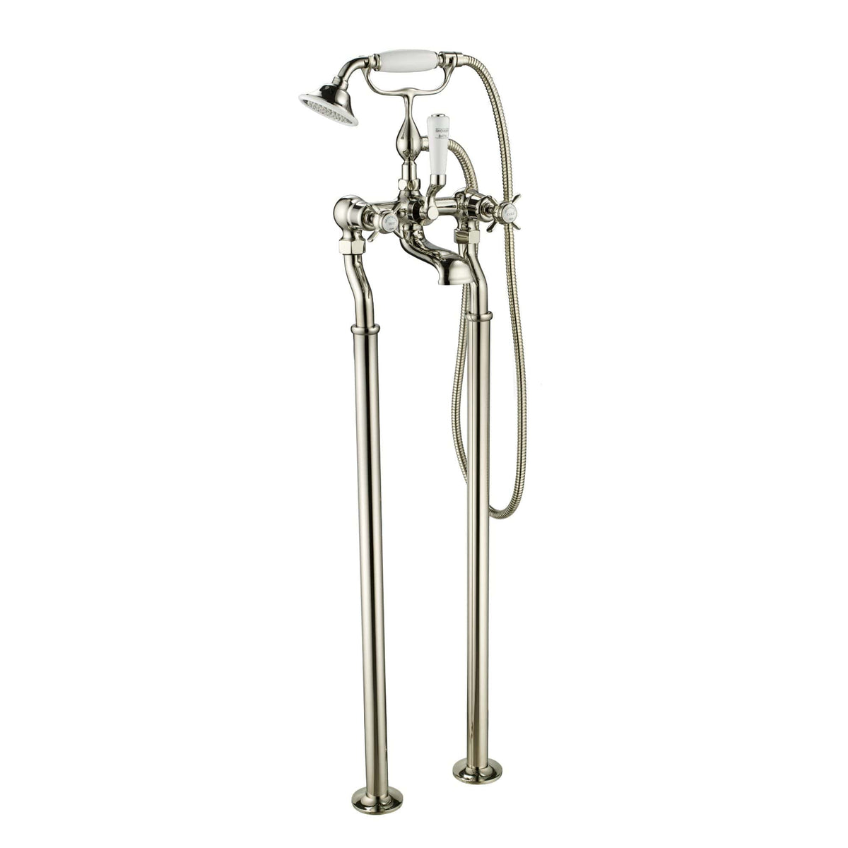 Polished chrome vintage style freestanding bathtub tap with handheld shower and hose, perfect for luxury bathroom renovation.