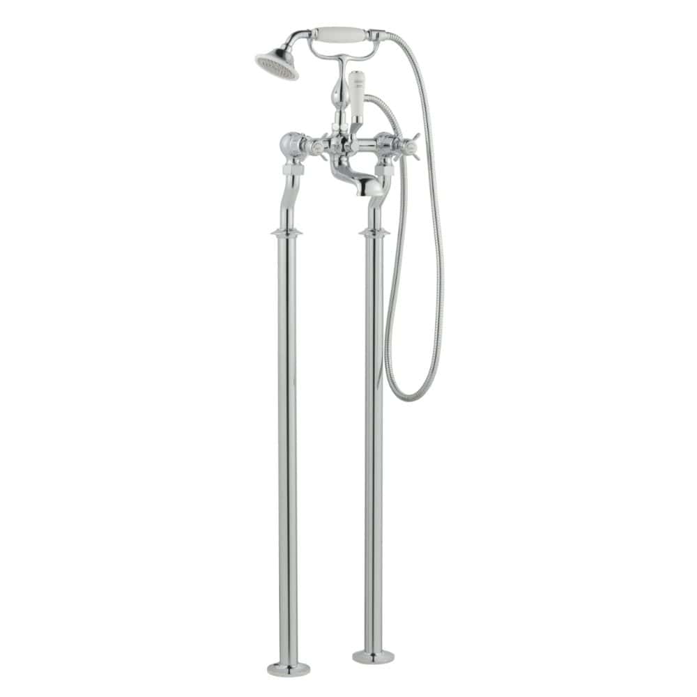 Polished chrome vintage-style freestanding bath shower mixer with handheld shower and hose, ideal for classic bathroom designs.