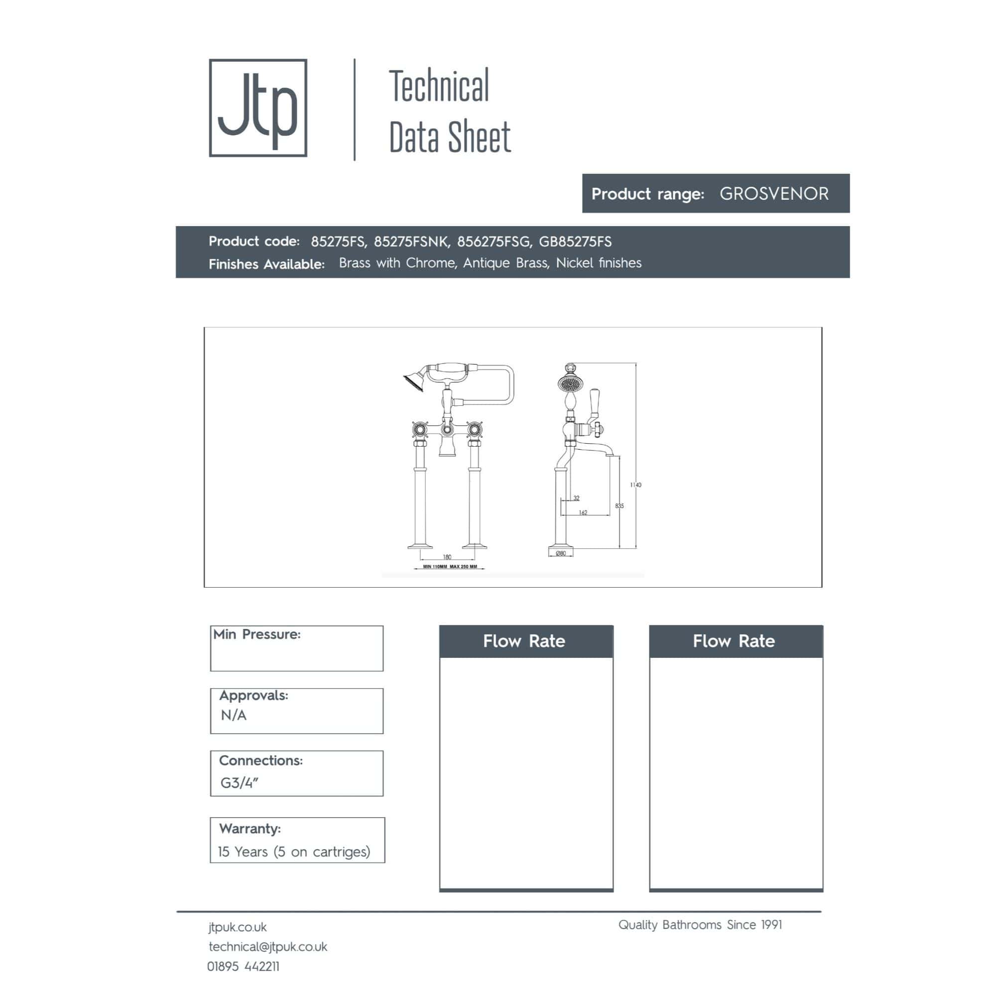 GROSVENOR bathroom tap technical data sheet showcasing brass fittings with antique brass and chrome finishes. Designed for luxury bathrooms, including flow rate details and connection specifications.