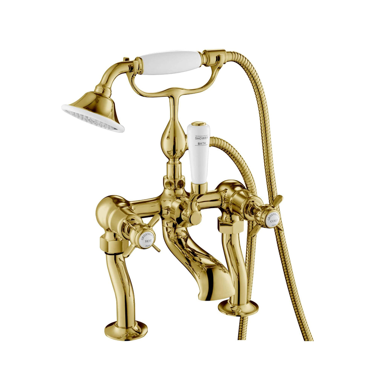 Luxurious gold bath and shower mixer tap with handheld shower, vintage style bathroom plumbing fixture for elegant bathroom renovations. Perfect for high-end, classic bathroom designs.