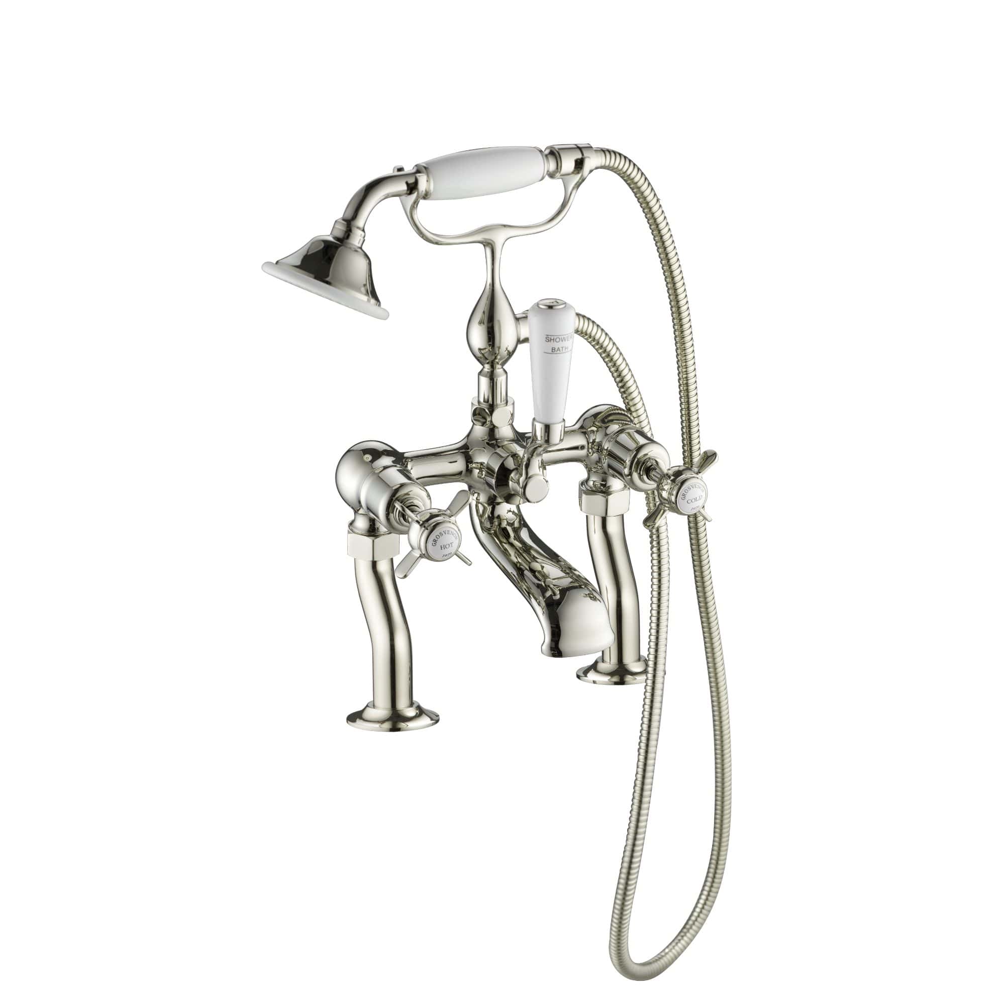 Vintage-style chrome bath tap with handheld shower head and flexible hose, ideal for luxurious bathroom aesthetics and efficient water control.