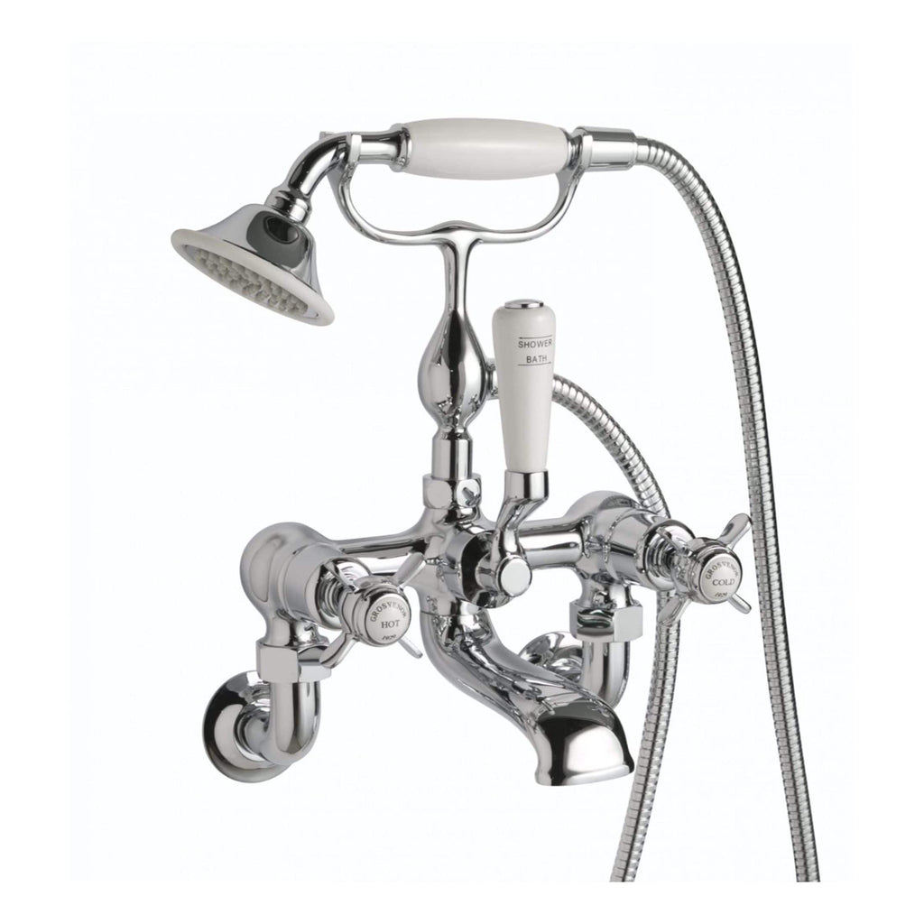 Chrome bathroom tap with shower head and handheld shower, ideal for classic and vintage bathrooms, featuring dual controls for hot and cold water.