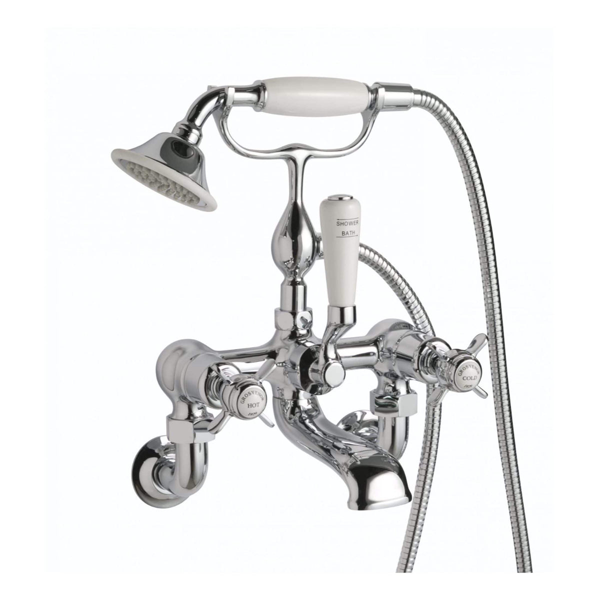 Chrome bathroom tap with shower head and handheld shower, ideal for classic and vintage bathrooms, featuring dual controls for hot and cold water.