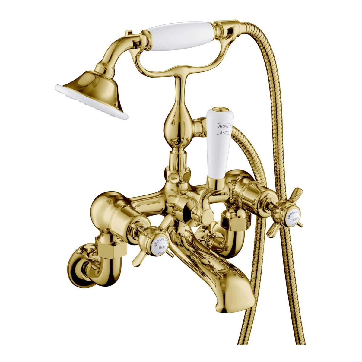 Luxurious gold bathroom mixer tap with shower attachment by Bubly Bathrooms, featuring antique-style design and dual controls for hot and cold water. Perfect for vintage-inspired bathroom decor.