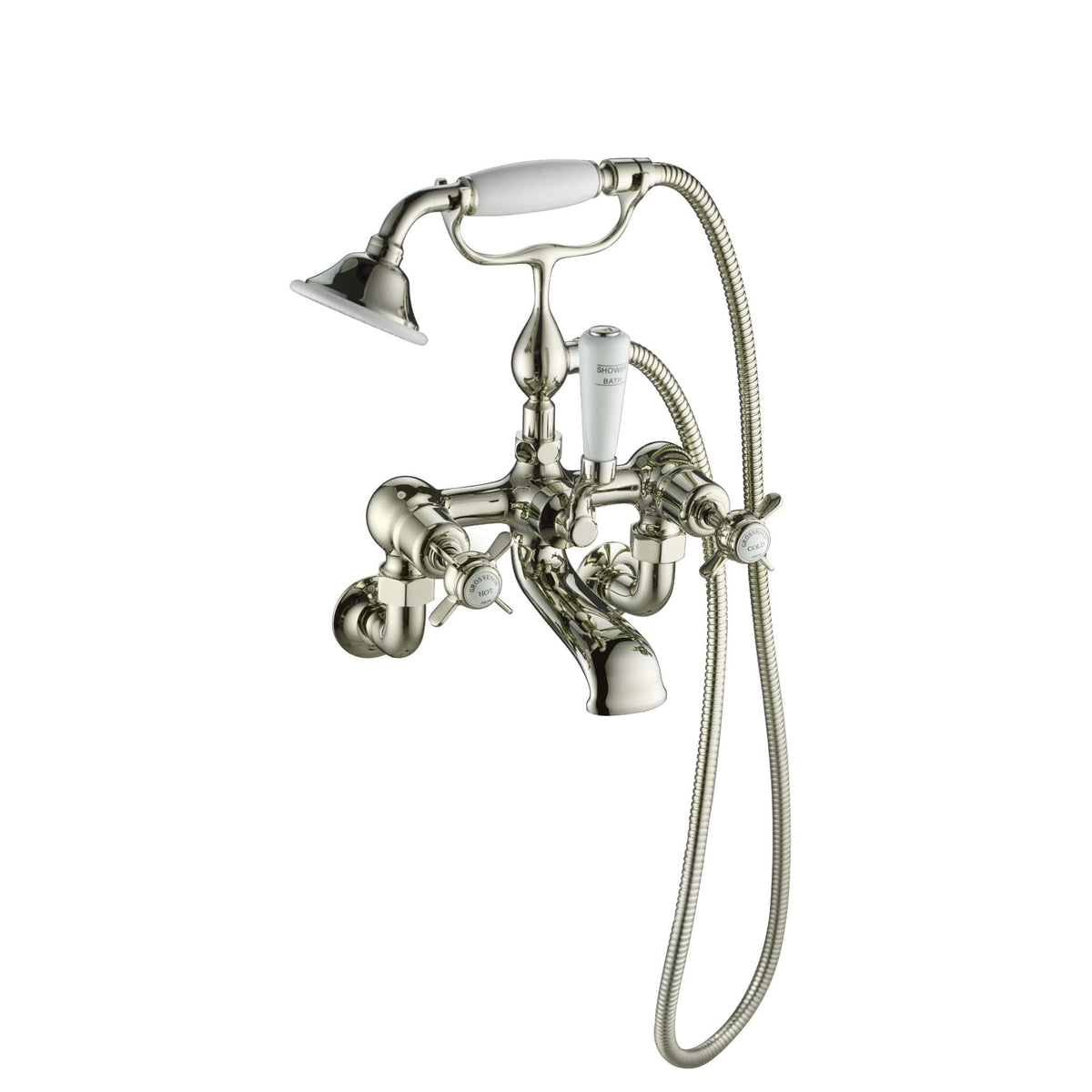 Polished chrome bath and shower mixer tap with handheld showerhead and flexible hose, ideal for elegant bathroom designs.