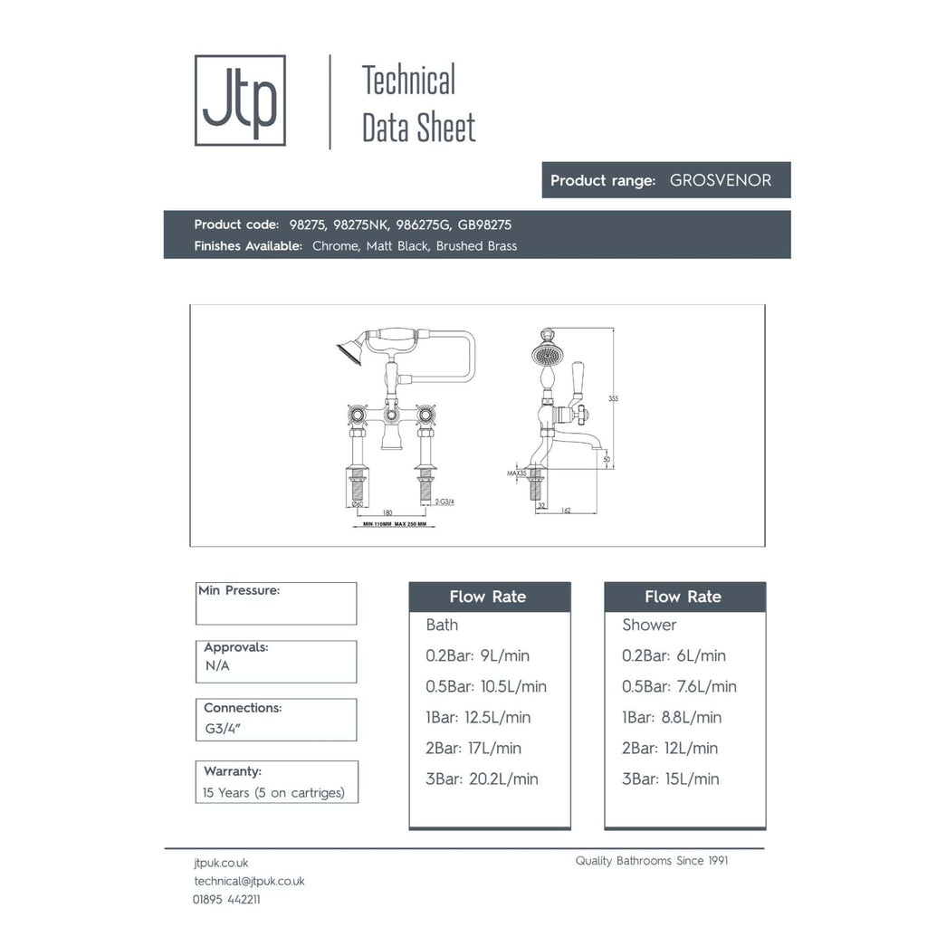 High-quality technical diagram of Bubly Bathrooms' GROSVENOR bath and shower mixers, showcasing detailed dimensions and connection specifications for premium bathroom fixtures.