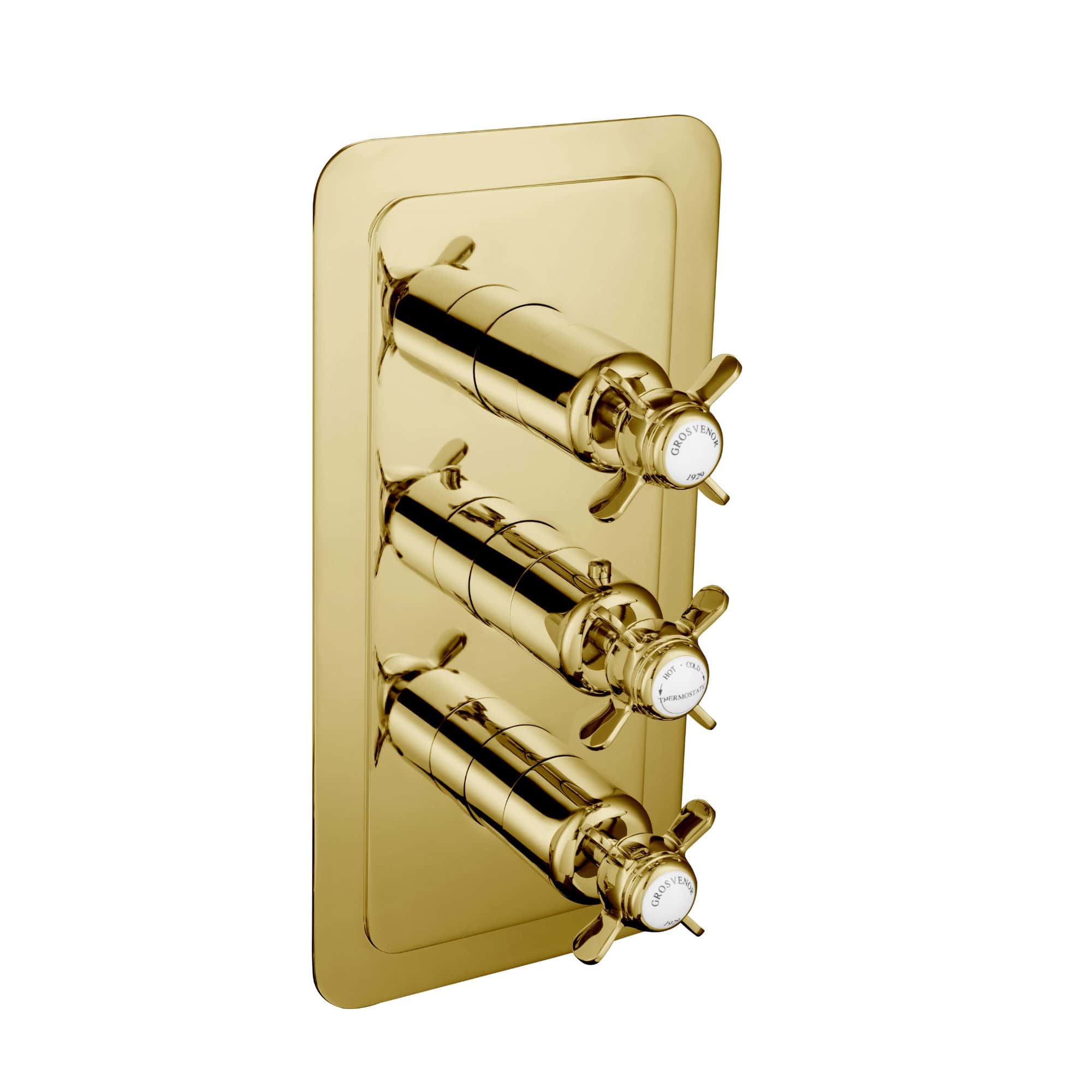 Luxurious gold thermostatic shower valve with three individual controls, polished finish, and elegant design for modern bathrooms.