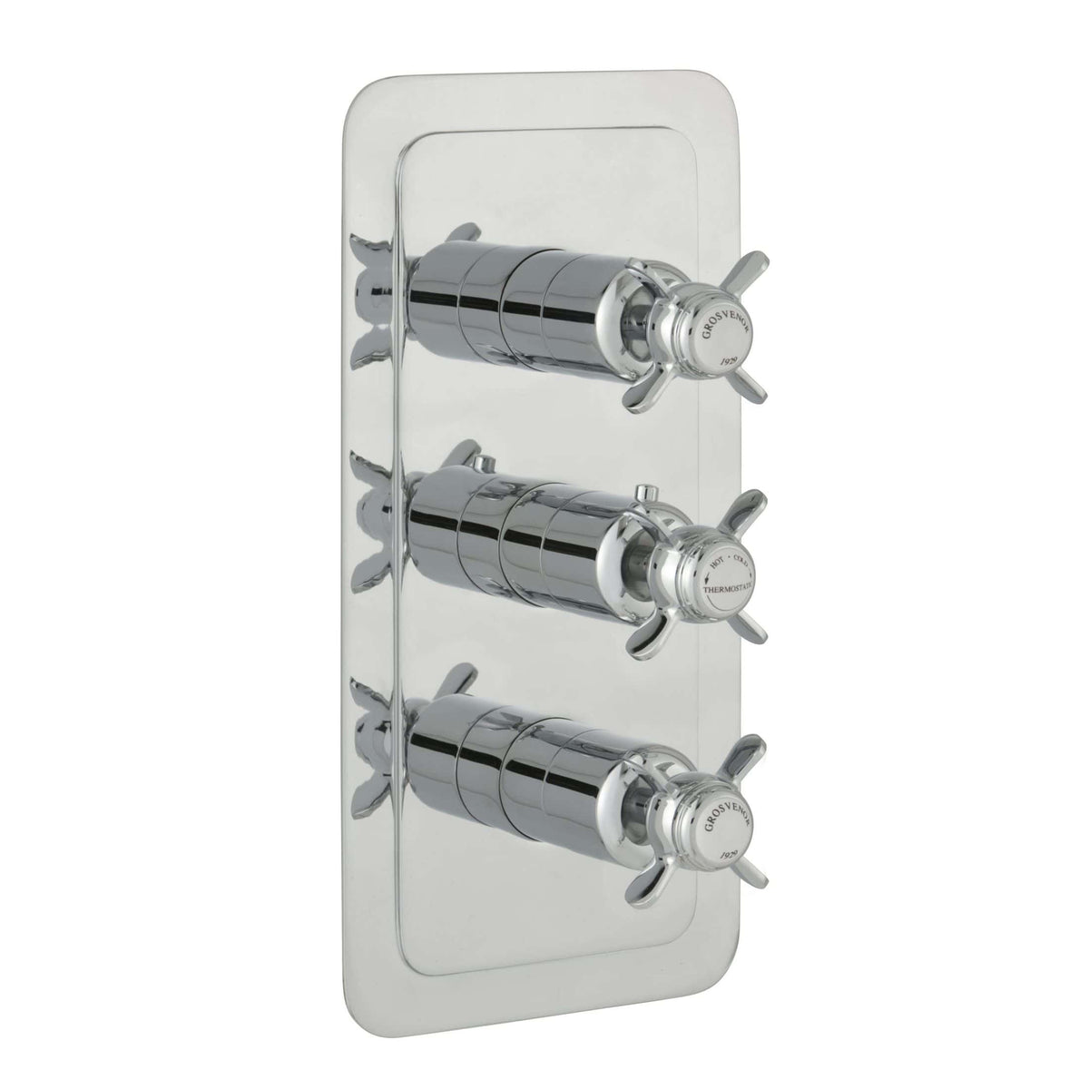 Shower valve with three chrome-finished handles on a polished metal backplate, designed for thermostatic control in luxury bathroom settings.