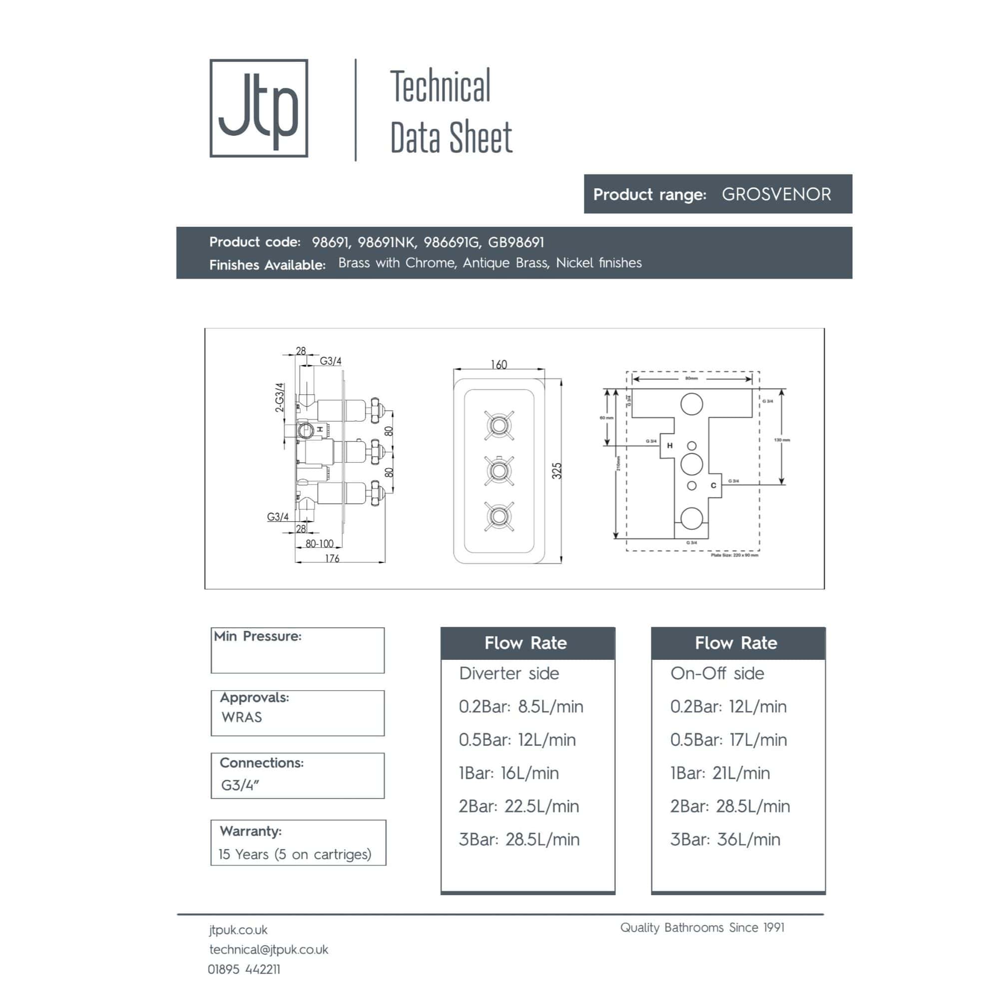 Grosvenor bathroom tap with multiple control handles and detailed technical specifications, including flow rates, connection sizes, and finishes, ideal for modern bathroom installations.