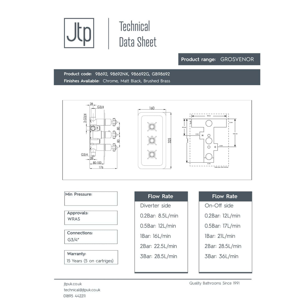 GROSVENOR bathroom mixer tap technical data sheet, detailed measurements, flow rates, and connection details for high-quality Bubly Bathrooms fixtures.