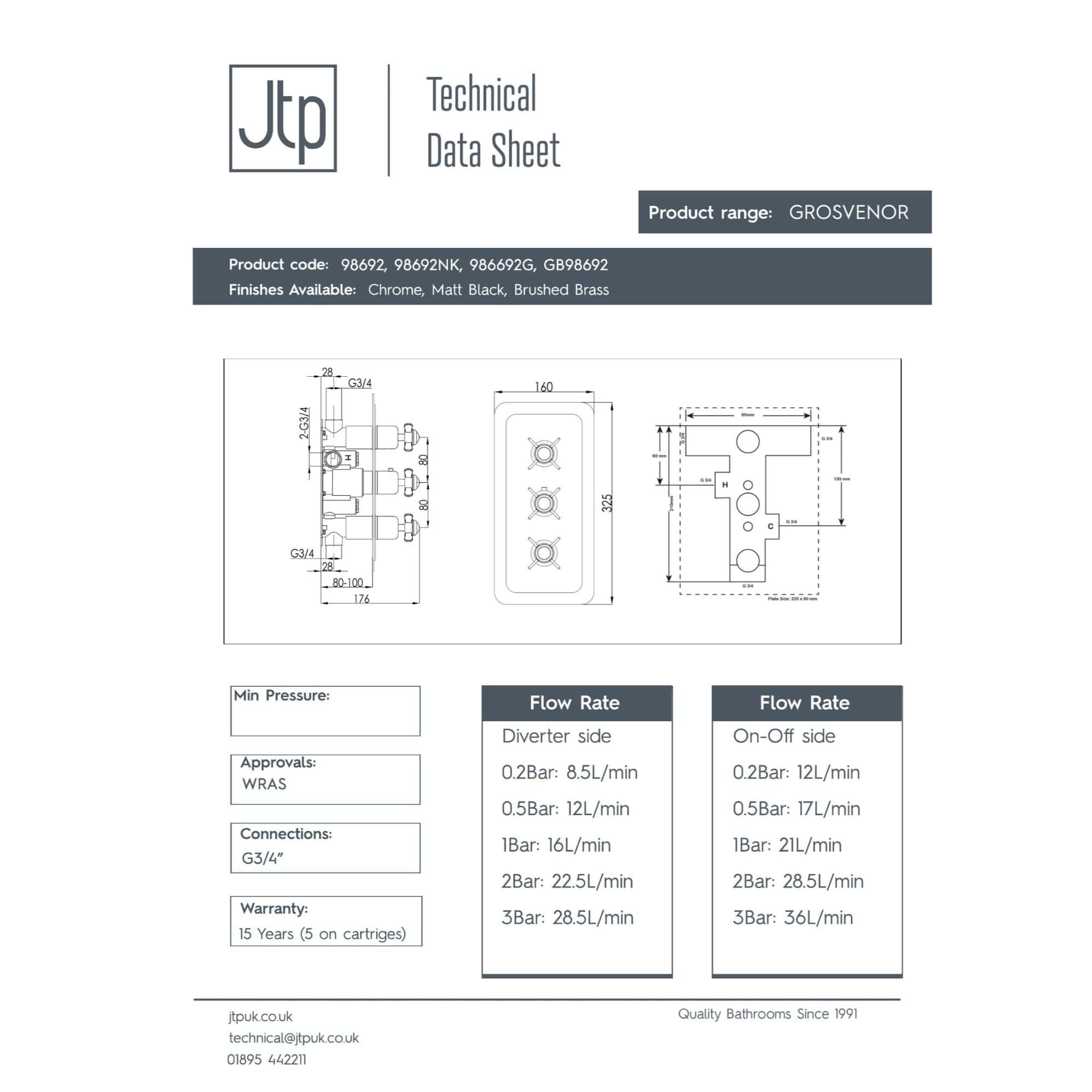 GROSVENOR bathroom mixer tap technical data sheet, detailed measurements, flow rates, and connection details for high-quality Bubly Bathrooms fixtures.