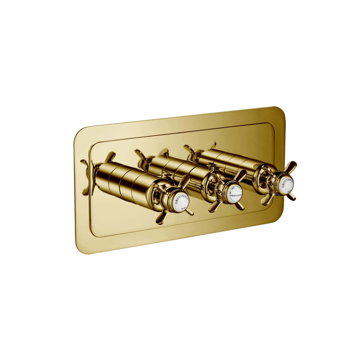 Luxurious gold thermostatic shower valve with three controls, elegant design, suitable for modern bathrooms, high-quality fixtures from Bubly Bathrooms, UK leading bathroom supplier.