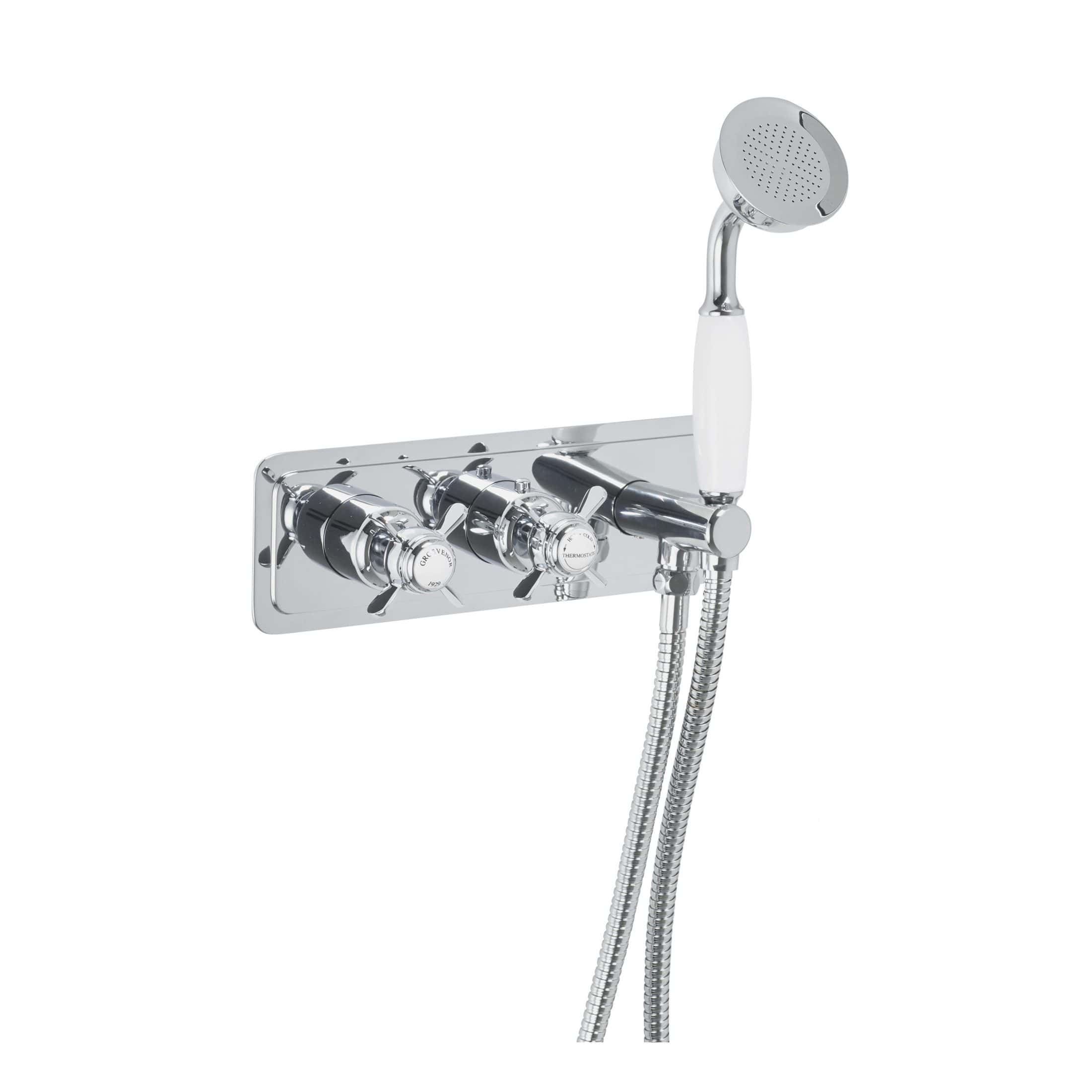 Modern chrome bath shower mixer tap with handheld shower head and flexible hose, perfect for contemporary bathroom design and efficient water control.