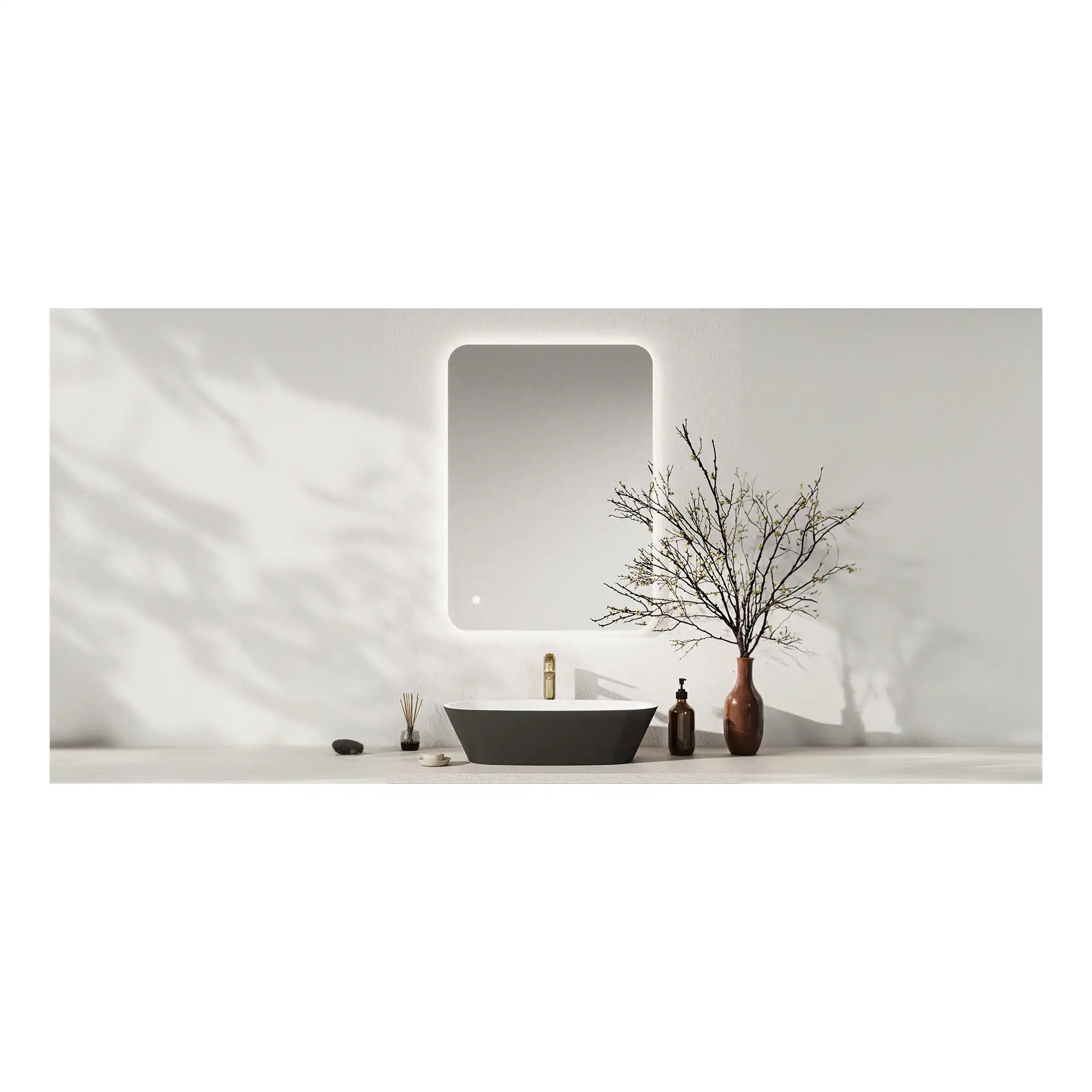 Sleek modern bathroom vanity with black basin, minimalist accessories, and a large mirror, creating a stylish and contemporary bathroom design for a relaxing space.