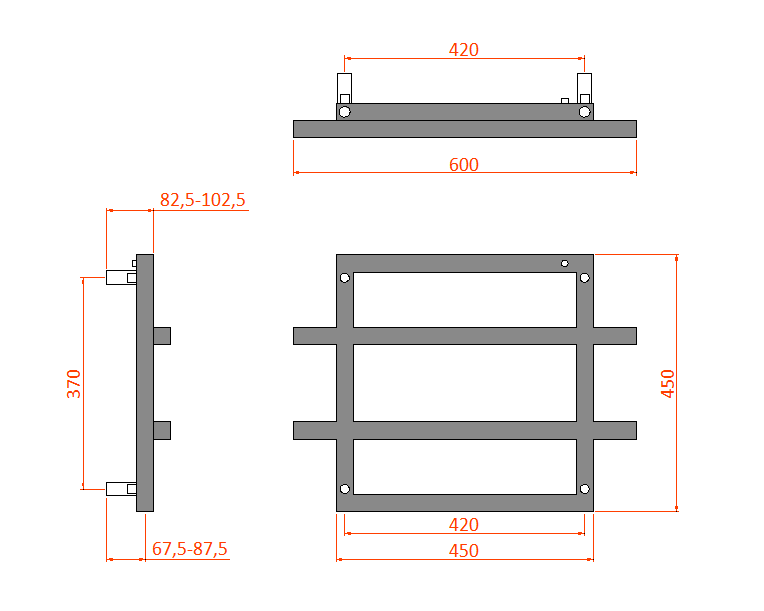 Reina Lago 2 Black Heated Towel Rail - technical drawing with dimensions