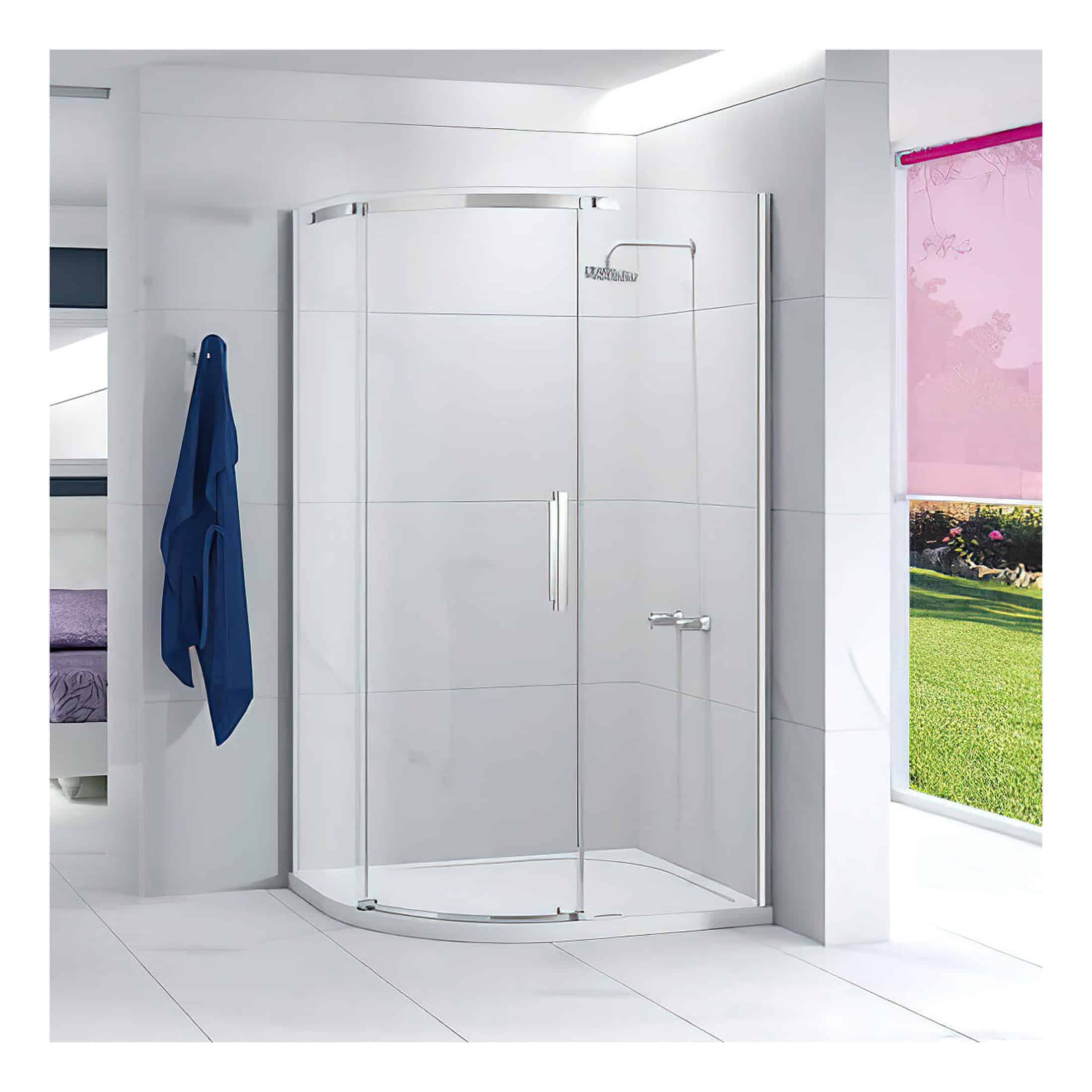 Sleek white bathroom with a modern glass shower enclosure, chrome fittings, and large window with pink roller blind, creating a bright and contemporary bathroom space.