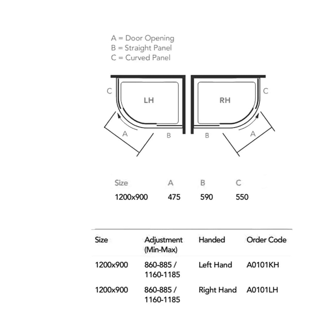 1200x900 shower enclosure diagram with door, straight panel, and curved panel specifications for Bublé Bathrooms.