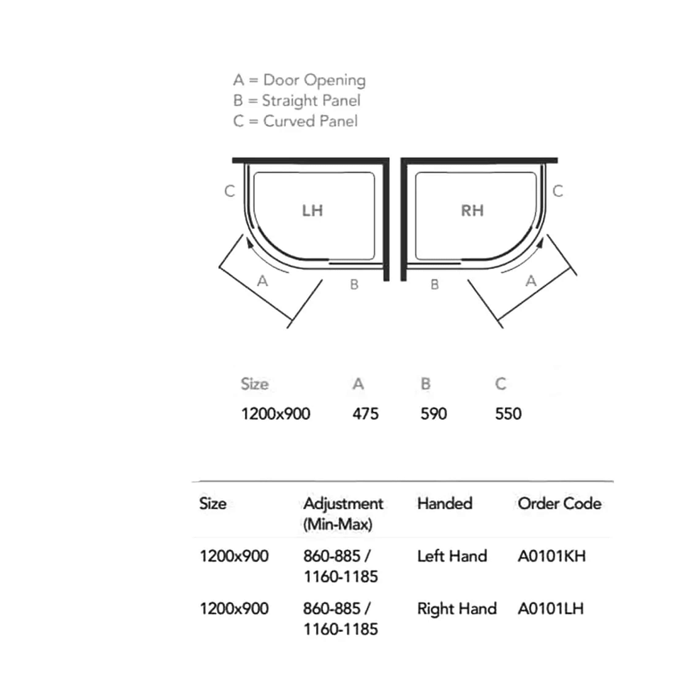 1200x900 shower enclosure diagram with door, straight panel, and curved panel specifications for Bublé Bathrooms.