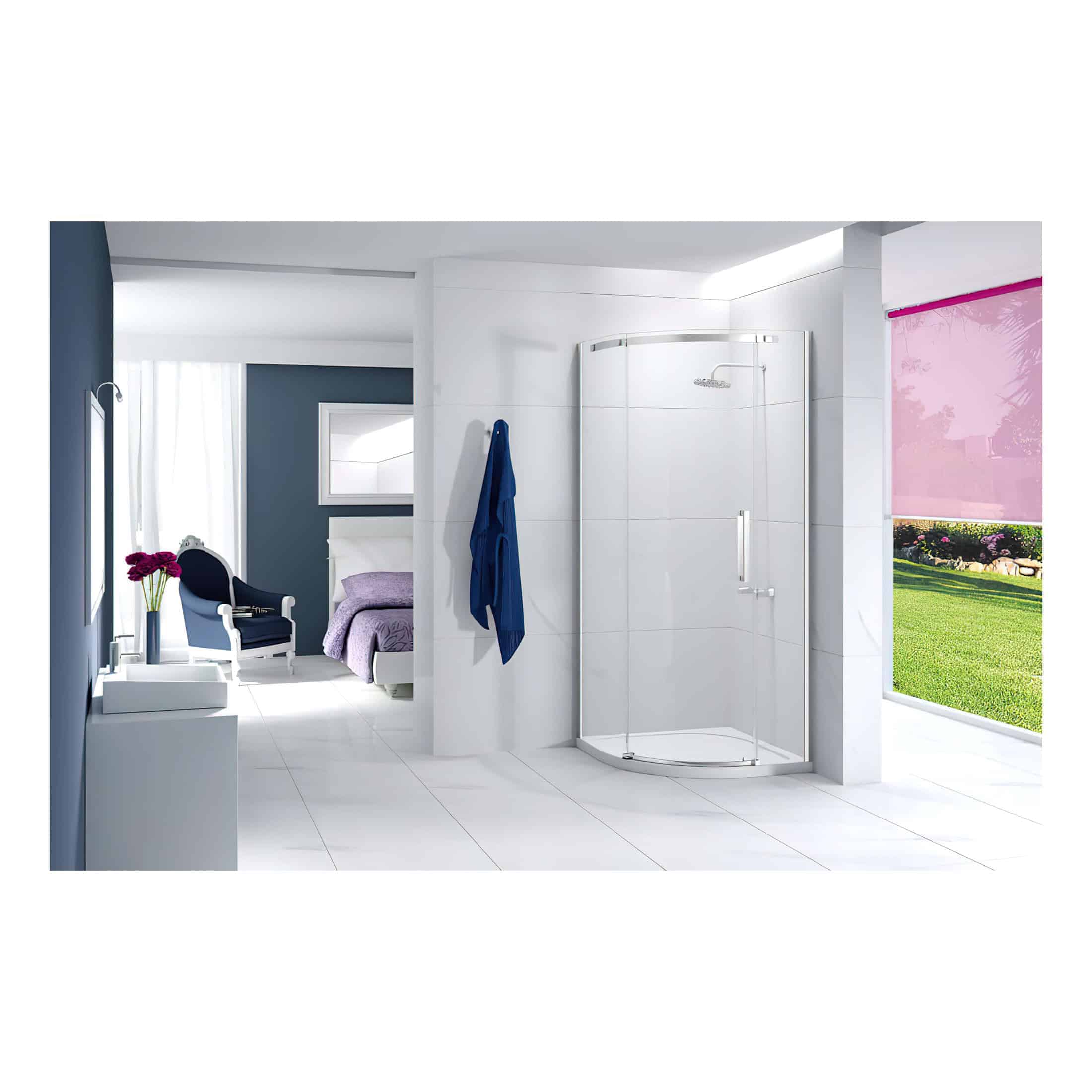 Contemporary bathroom with a glass shower enclosure, stylish blue and white decor, and a view of a lush garden through large windows, blending modern design with natural light.