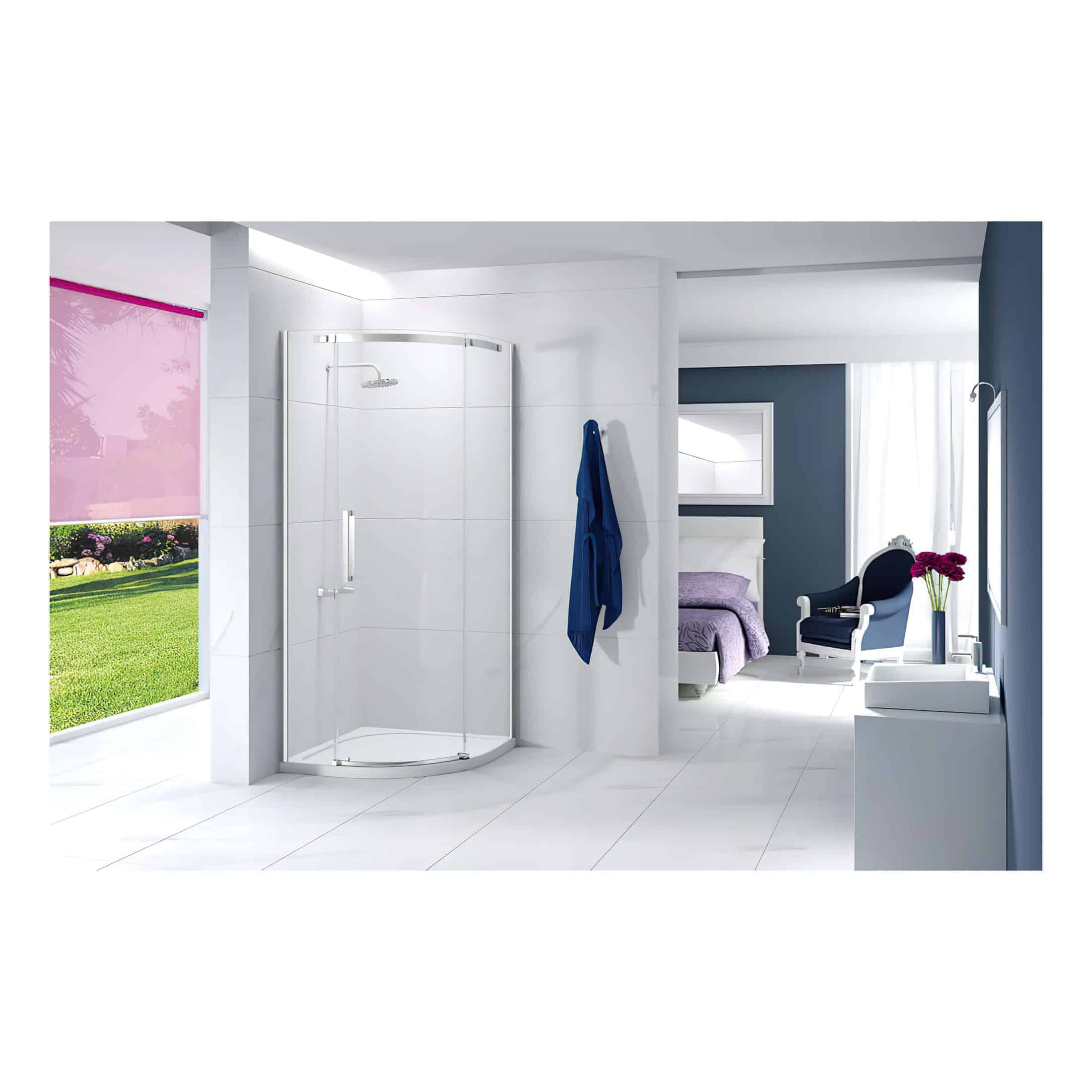 Modern white bathroom with glass shower enclosure and blue accents, overlooking a stylish bedroom with purple and black decor, bright natural light, and garden view from a large window.