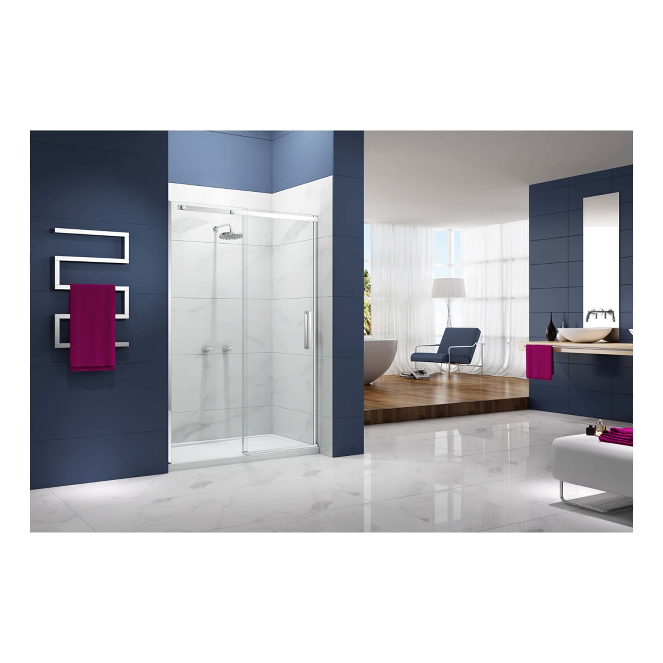 Sleek modern blue and white bathroom with a glass shower enclosure, wooden accents, and vibrant magenta towels, showcasing contemporary bathroom design and fixtures.
