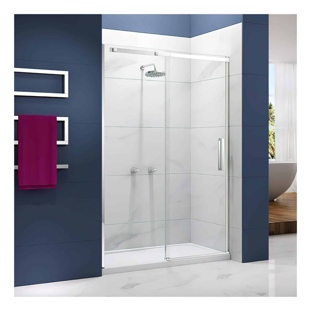 Contemporary walk-in shower with clear glass enclosure, chrome shower head, and modern white tiles, designed for a stylish and functional bathroom space. Perfect for a sleek, minimalist bathroom renovation.