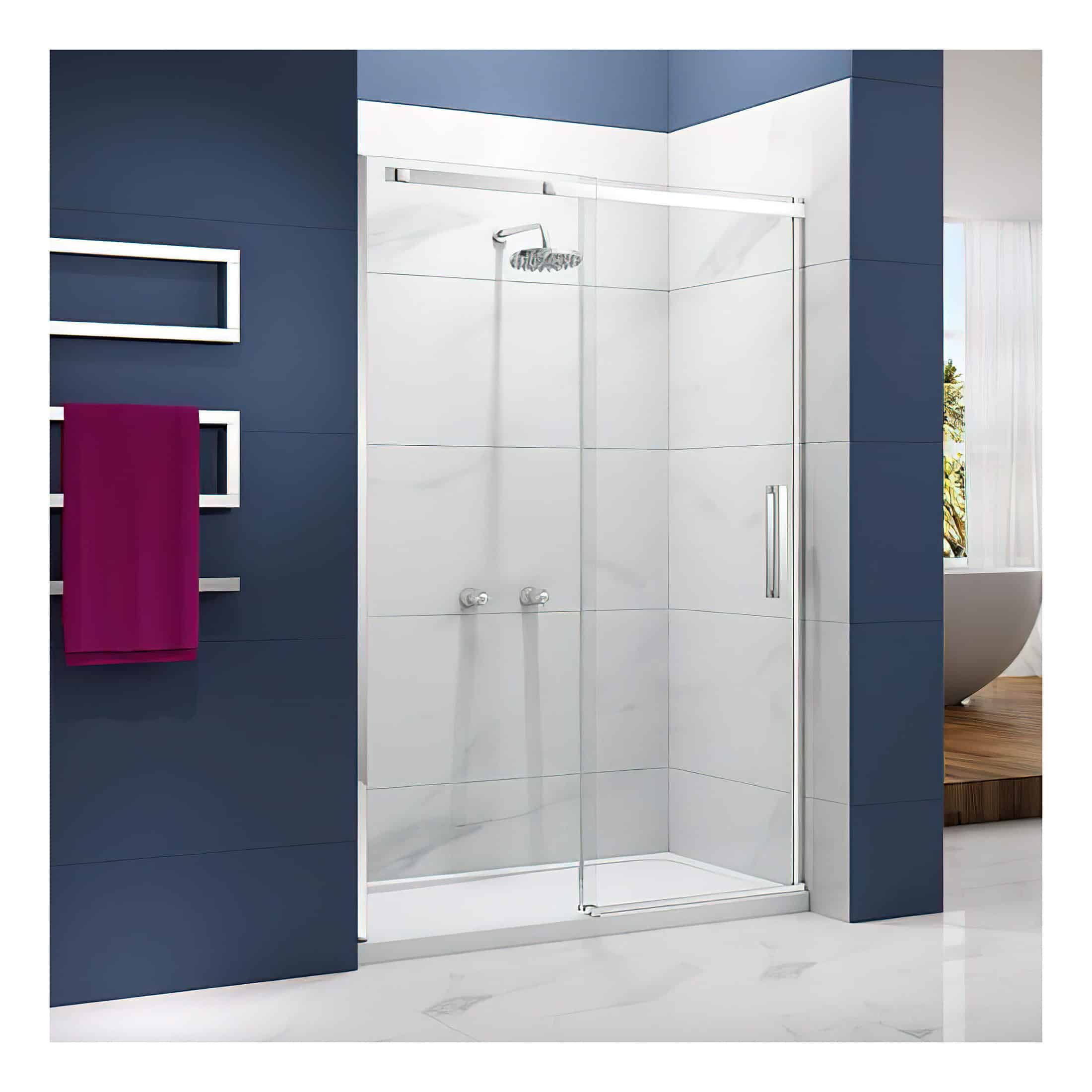 Contemporary walk-in shower with clear glass enclosure, chrome shower head, and modern white tiles, designed for a stylish and functional bathroom space. Perfect for a sleek, minimalist bathroom renovation.