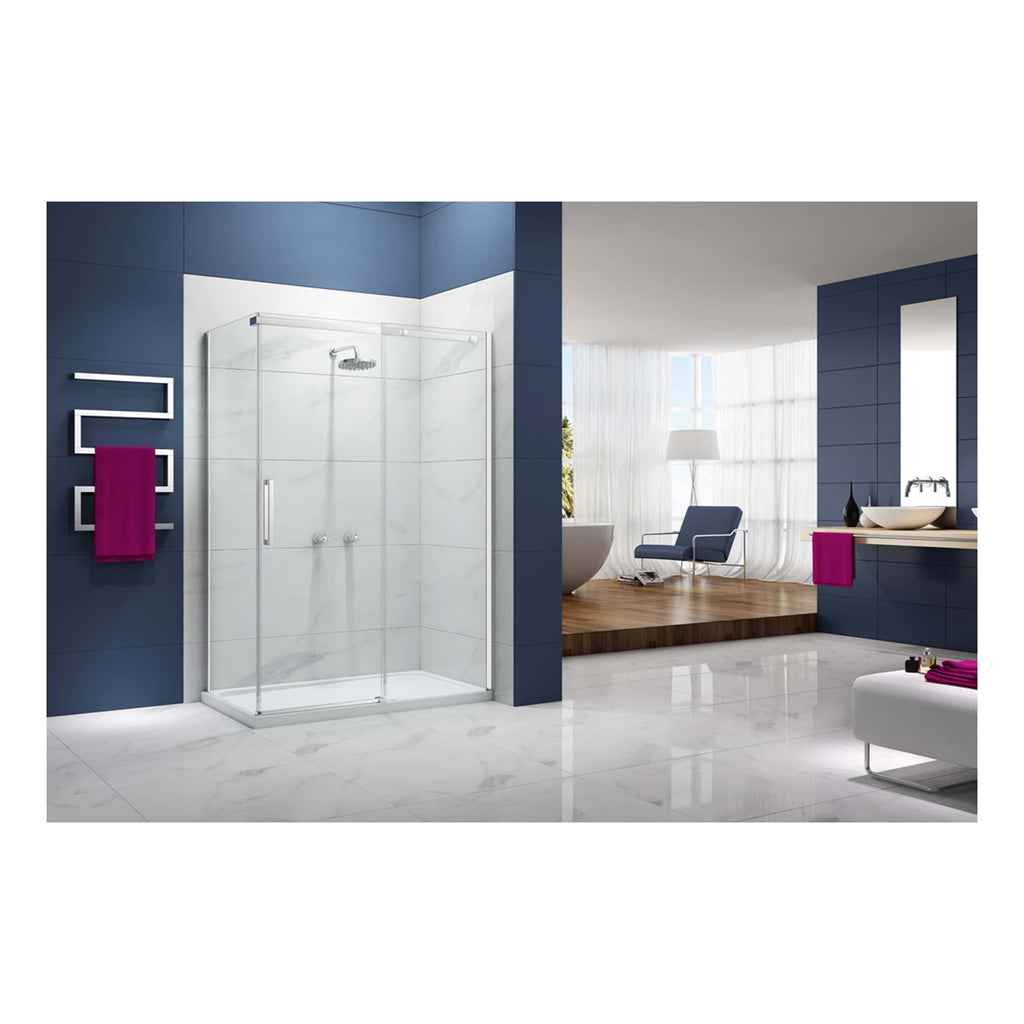 Sleek modern bathroom with a glass shower enclosure, navy blue tiled walls, and bright white marble flooring, featuring contemporary decor and a spacious, stylish design.