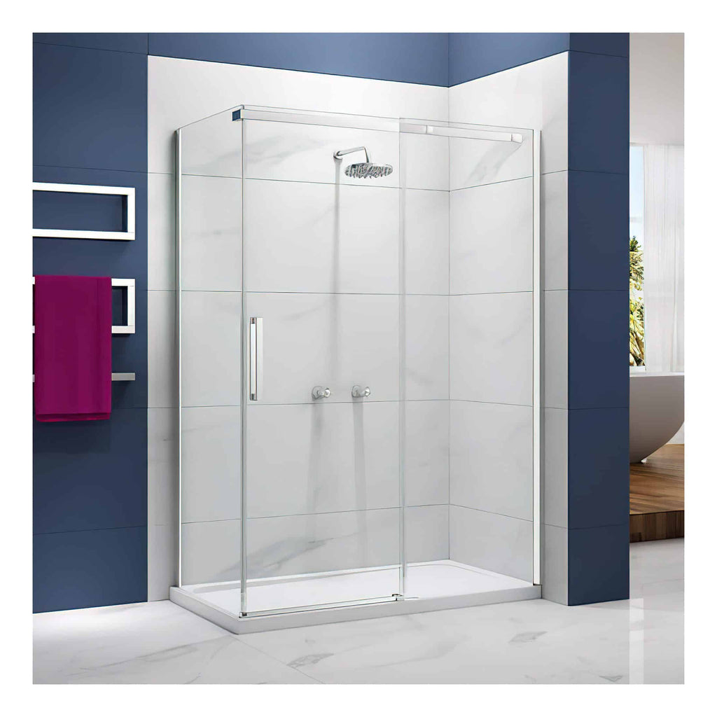 Sleek modern walk-in shower enclosure with clear glass panels, chrome fixtures, and minimalist design for contemporary Bubly bathrooms.