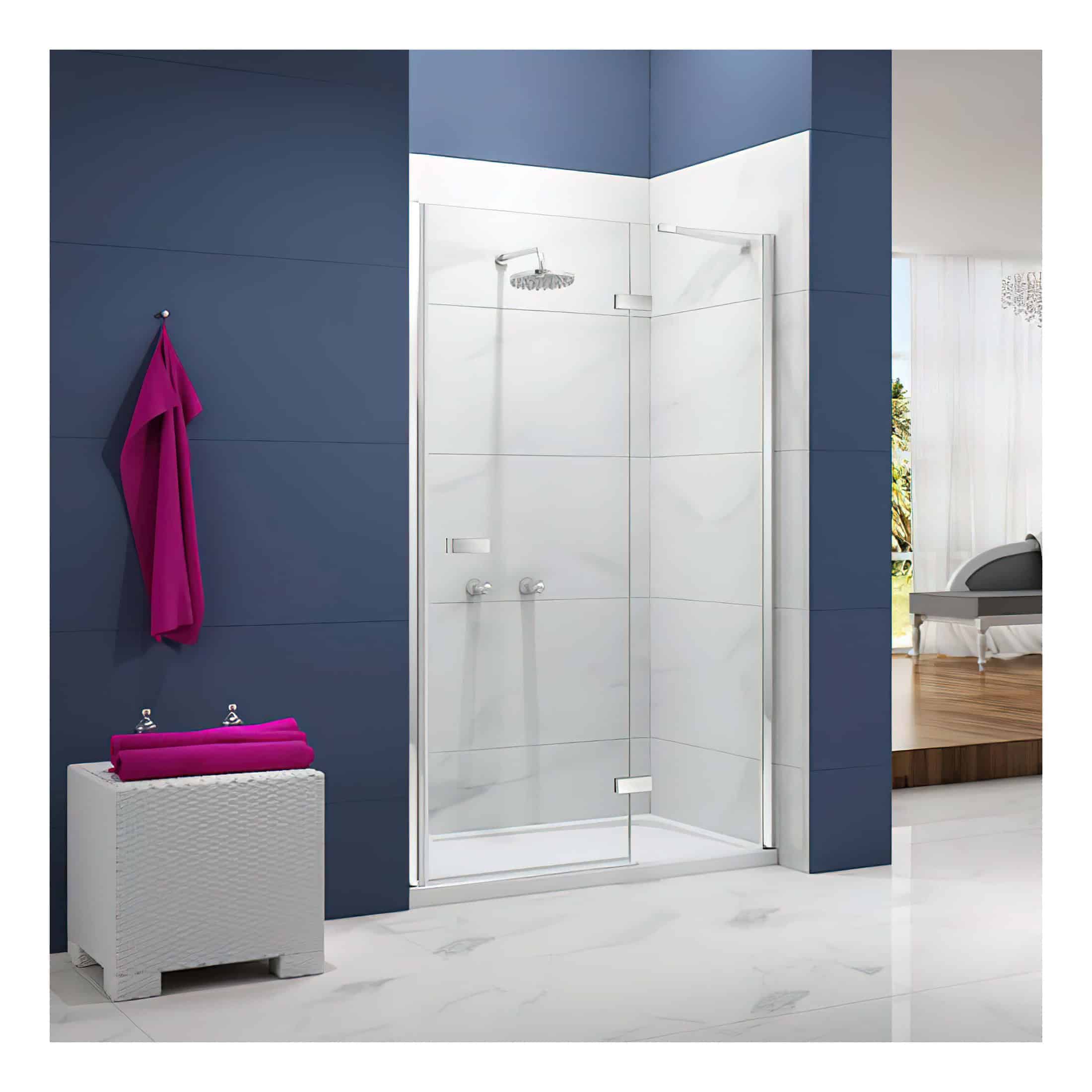Shower enclosure with clear glass doors, modern bathroom design, blue and white colour scheme, stylish accessories, and natural light in a contemporary bathroom setting.