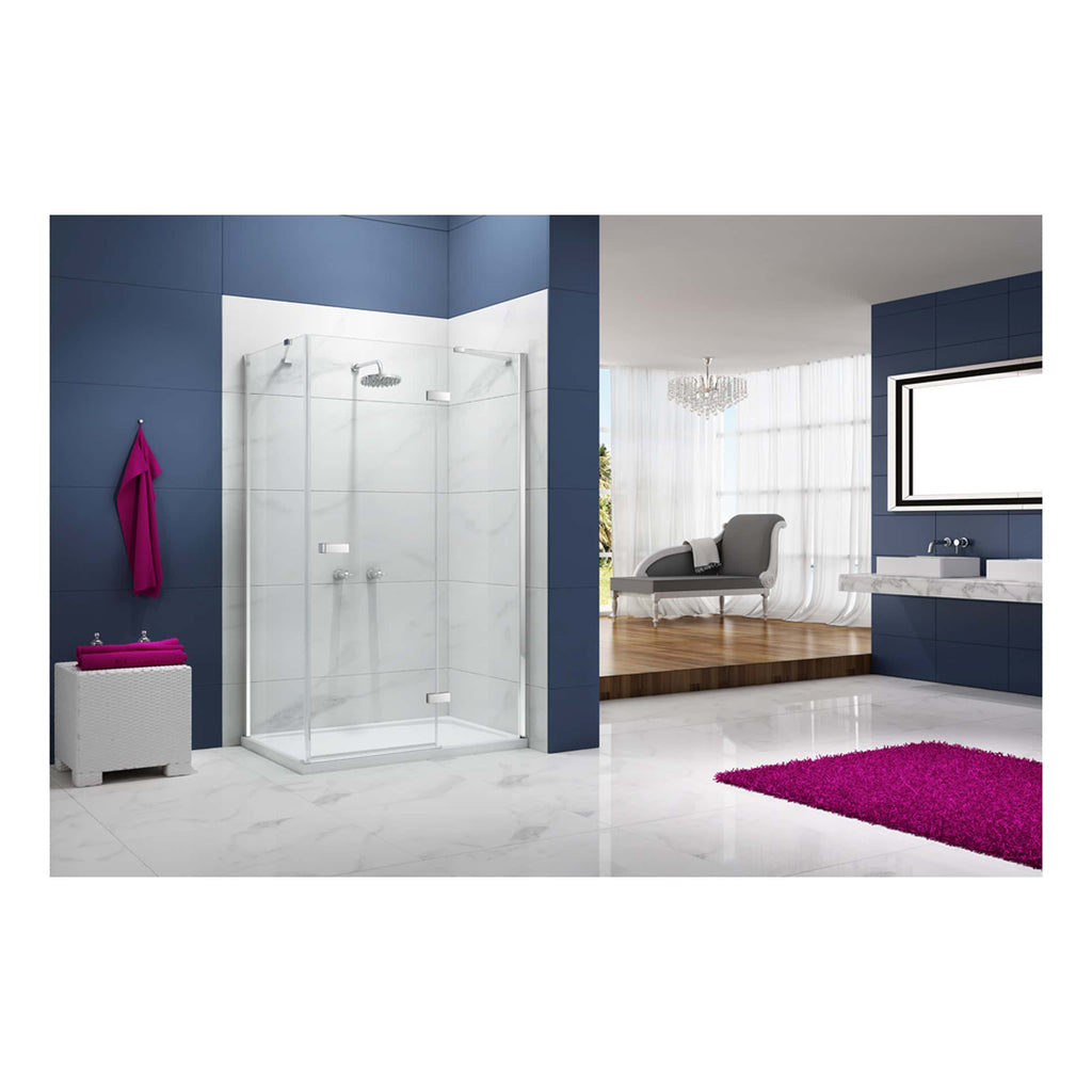 Luxurious bathroom with a modern glass shower enclosure, vibrant magenta towels, and a chic blue and white colour scheme, perfect for contemporary bathroom design and renovation.