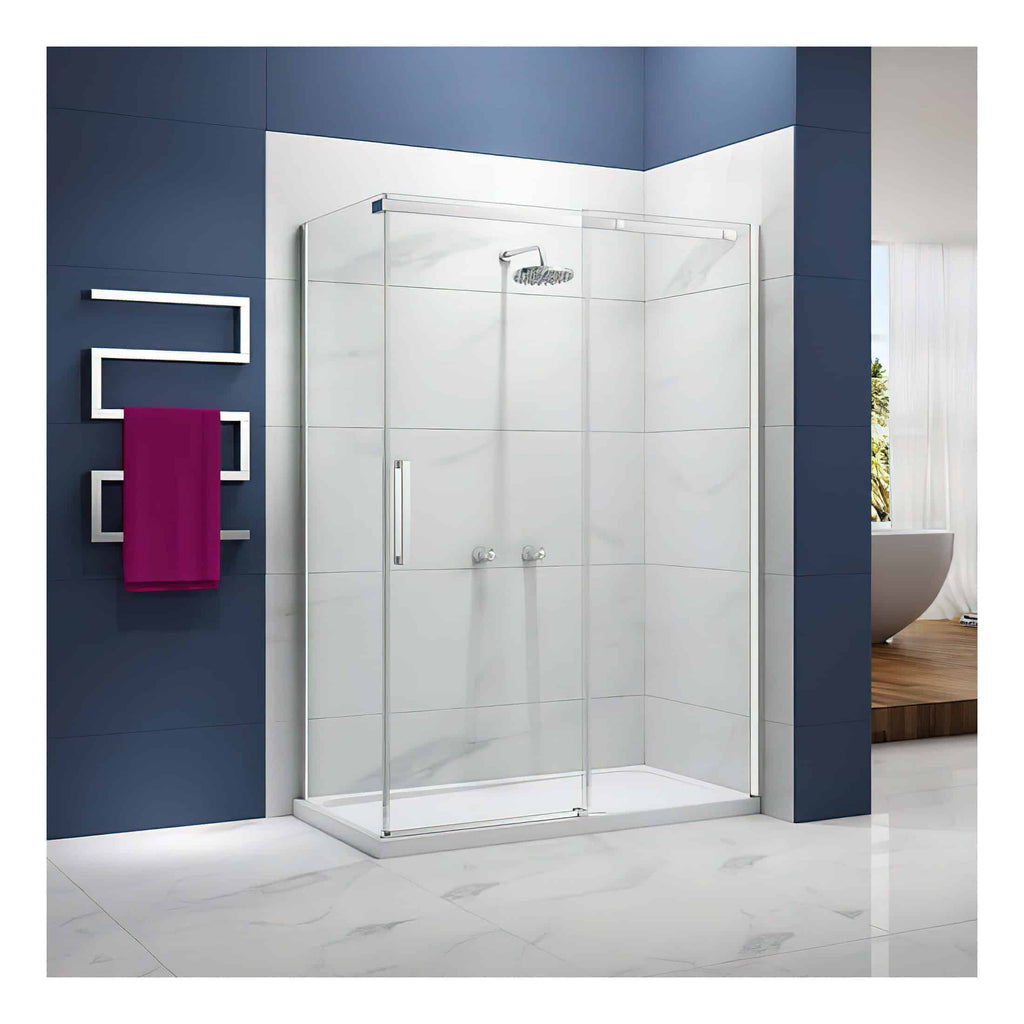 Sleek glass shower enclosure with chrome fixtures in a modern bathroom setting.